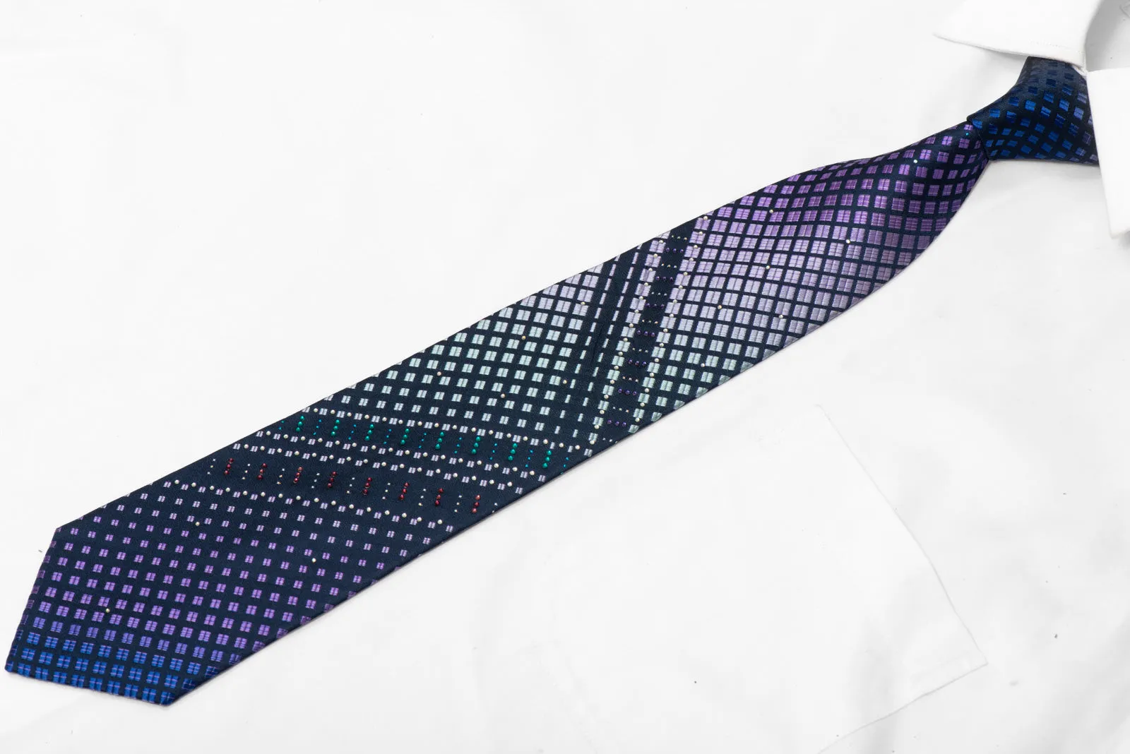 Purple Silver Geometric On Navy Rhinestone Silk Necktie With Teal Silver Sparkles