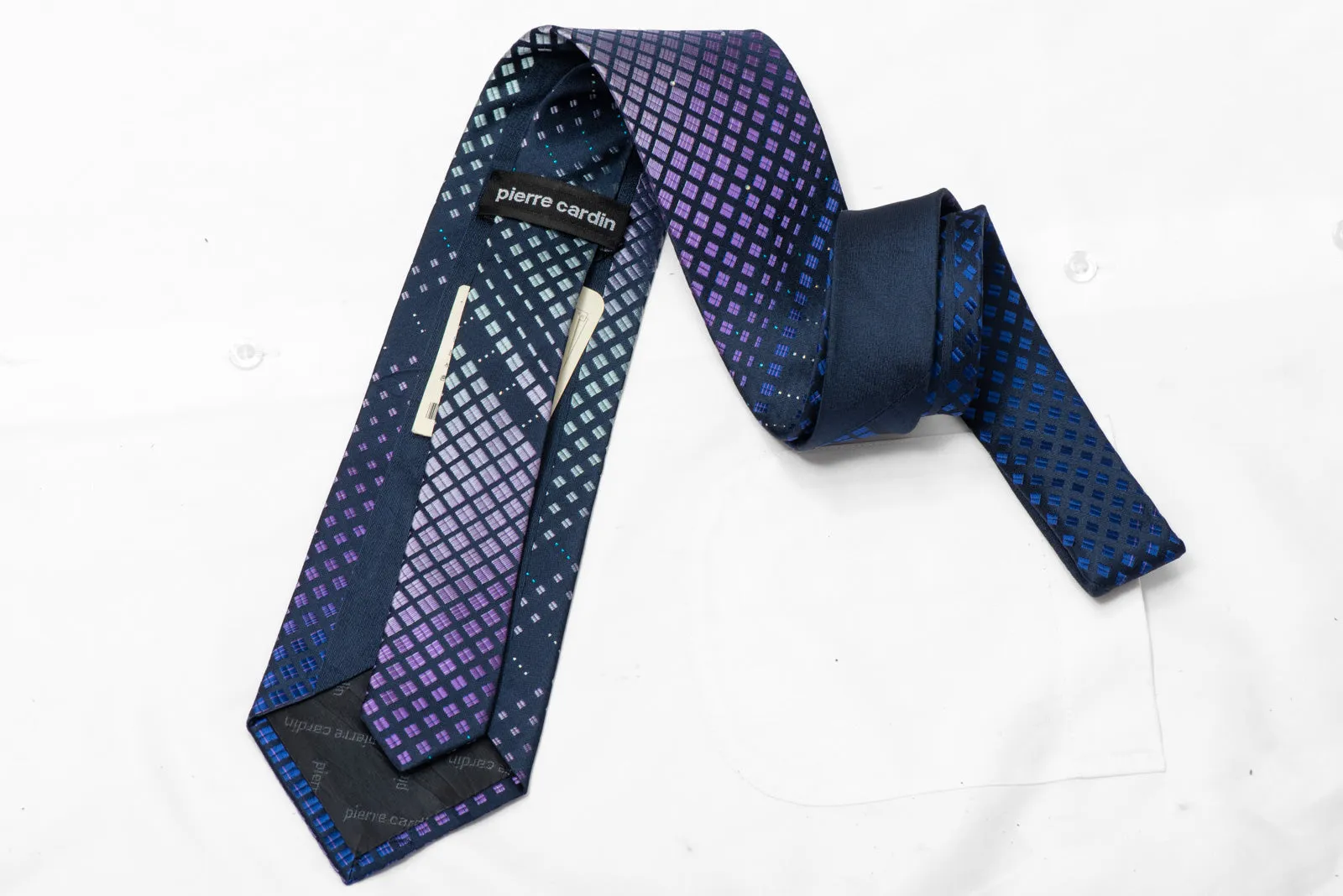 Purple Silver Geometric On Navy Rhinestone Silk Necktie With Teal Silver Sparkles