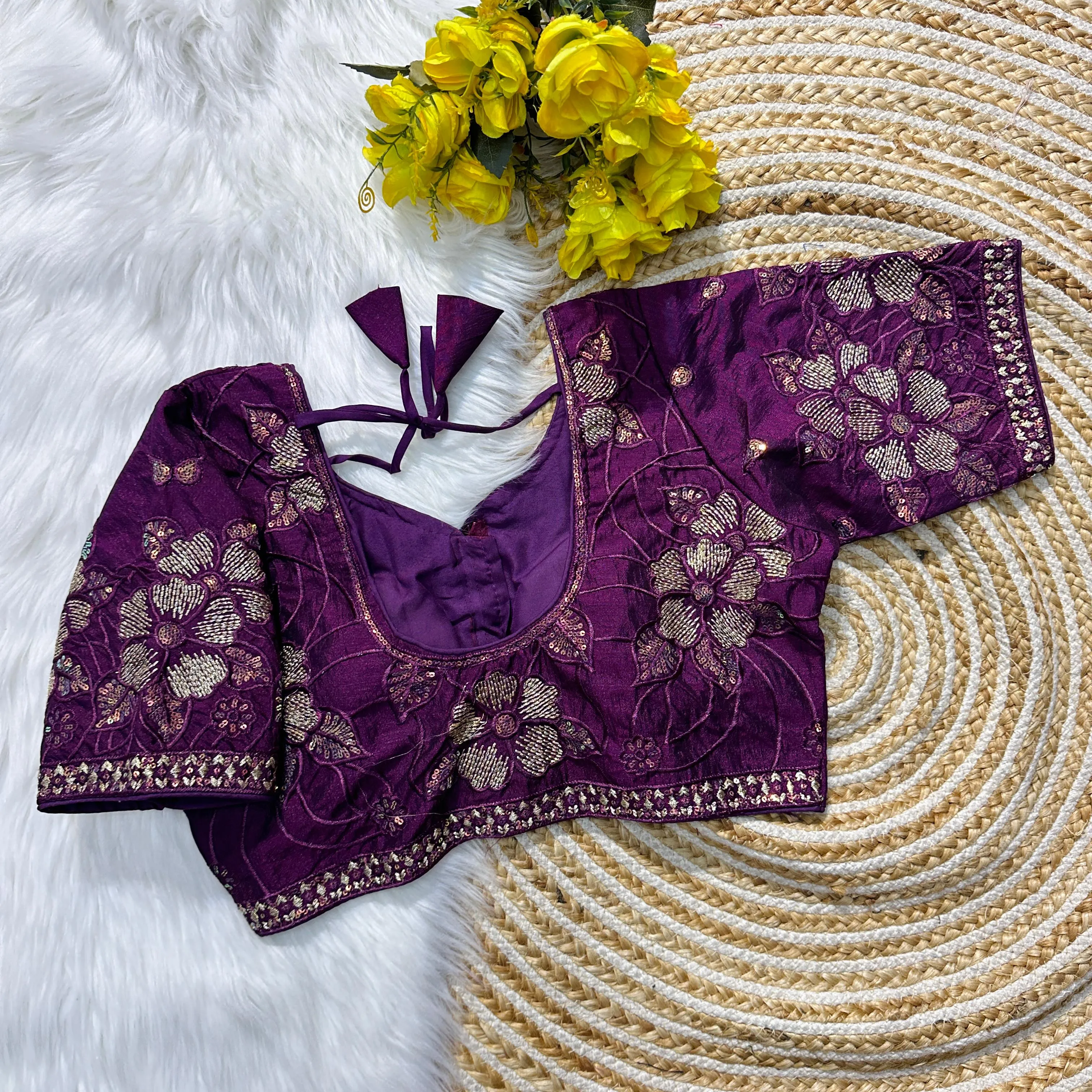 Purple Soft Silk Blouse with Beautiful Embroidery and Sequence Accents