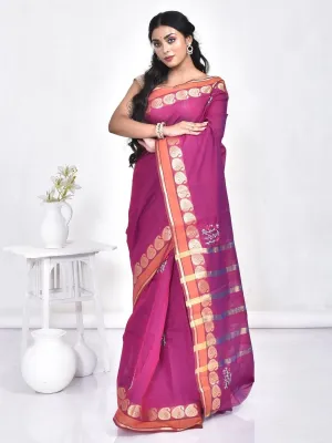 Purple South Cotton Saree with Floral Design Hand Embroidery and Kolki Zari Border