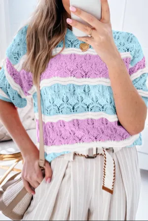 Purple Stripe Color Block Hollow Crochet Sweater