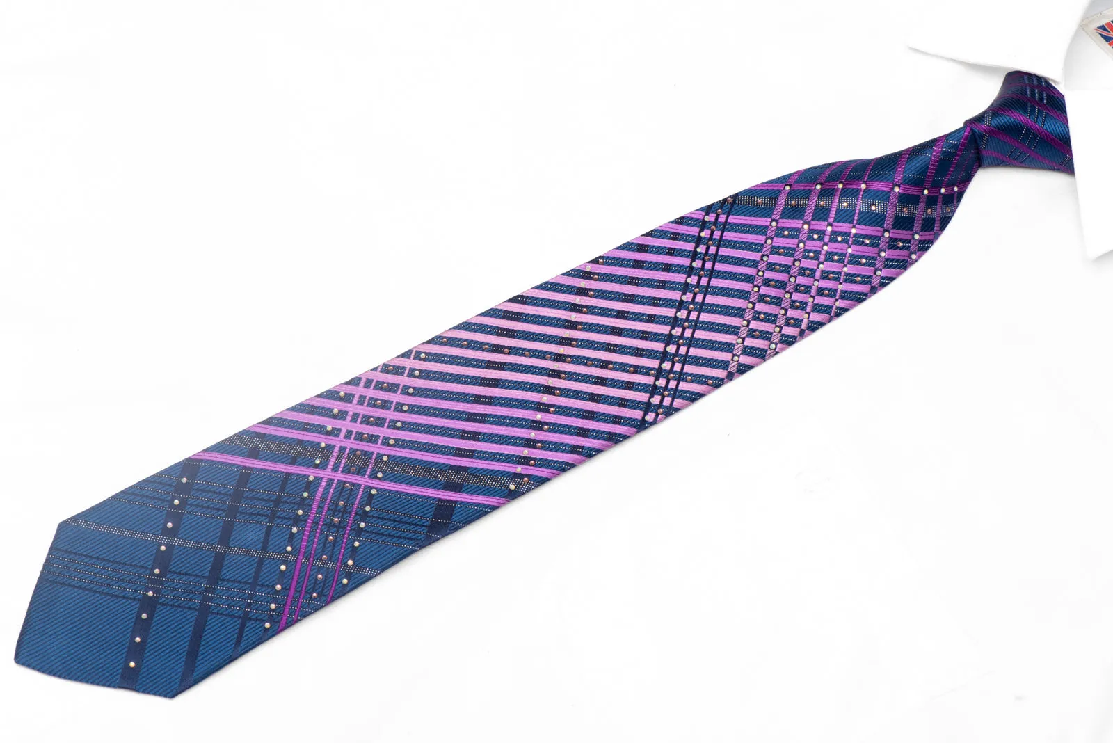 Purple Striped On Navy Blue Rhinestone Silk Necktie With Silver Sparkles