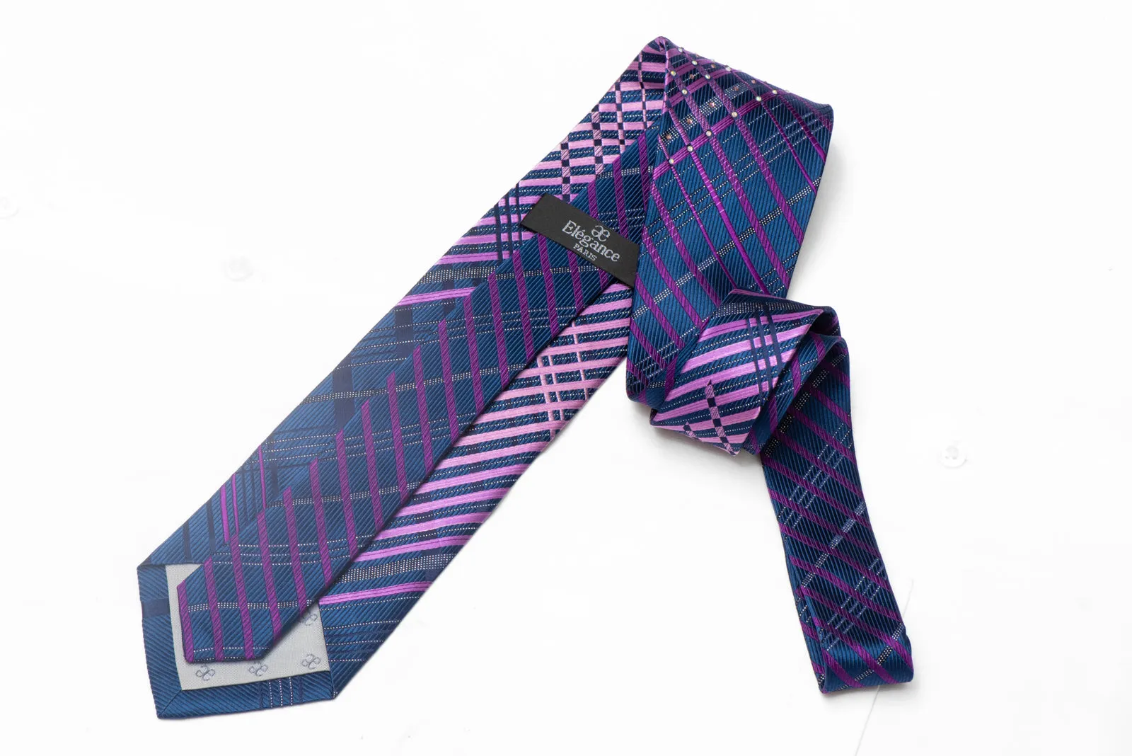 Purple Striped On Navy Blue Rhinestone Silk Necktie With Silver Sparkles