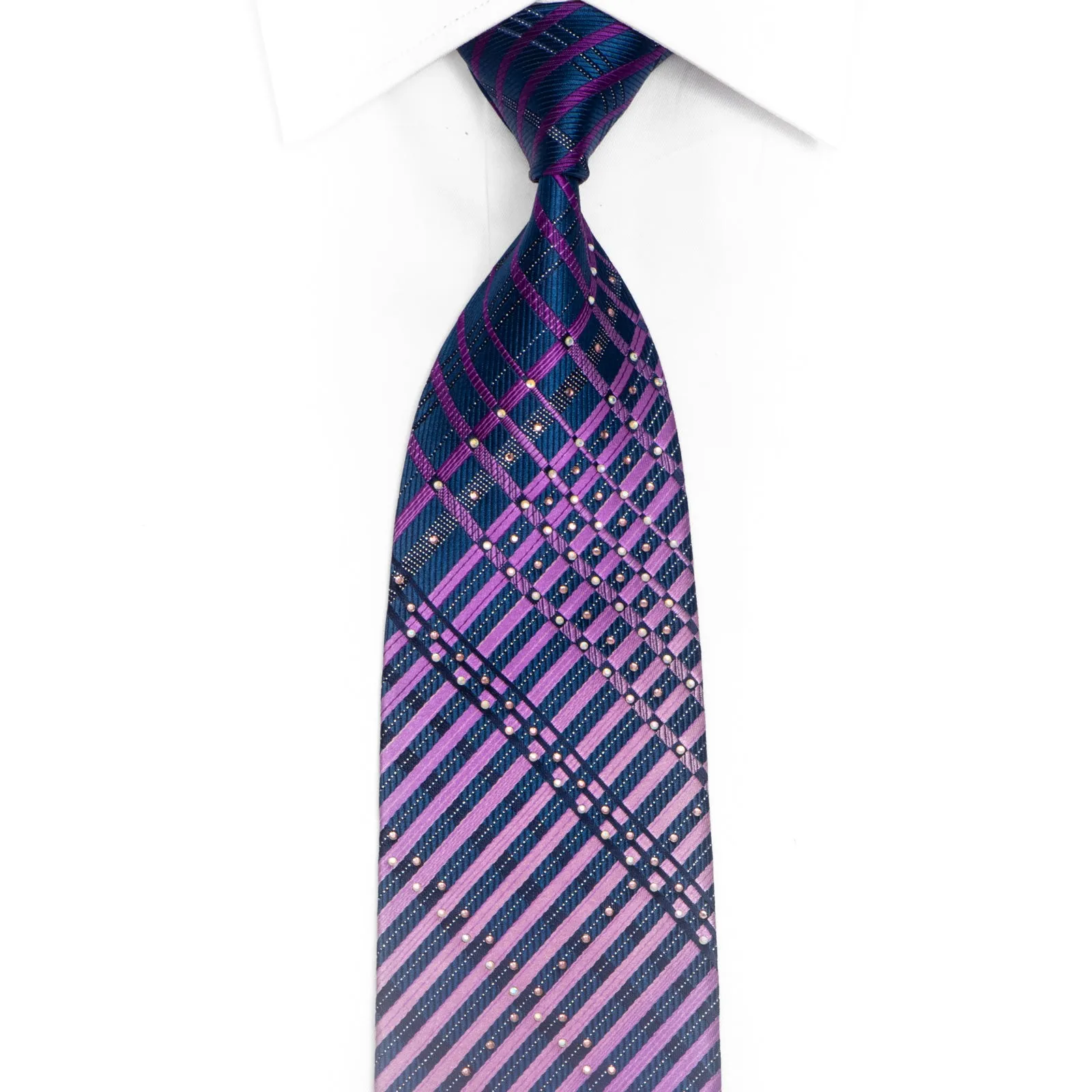 Purple Striped On Navy Blue Rhinestone Silk Necktie With Silver Sparkles