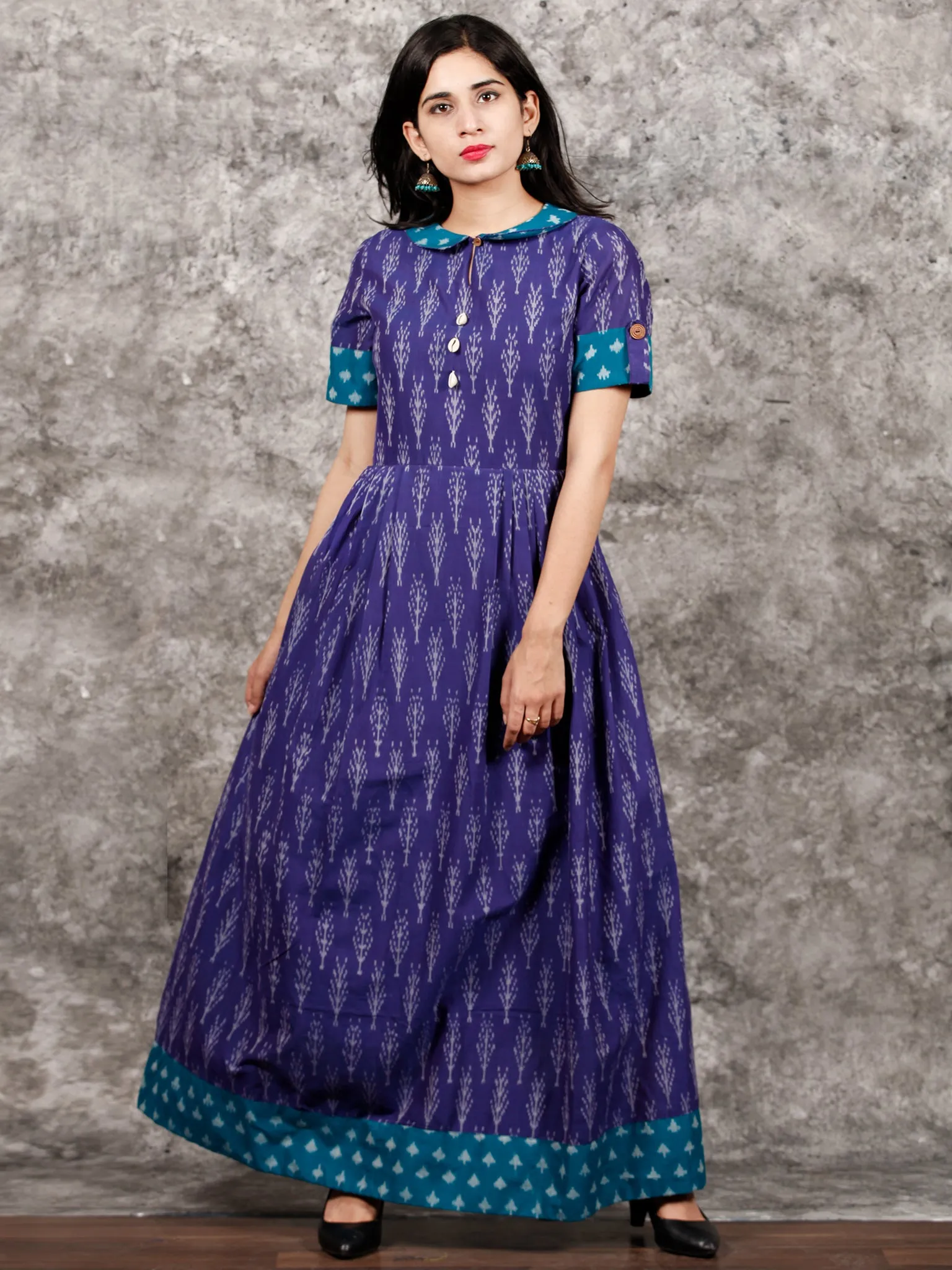 Purple Teal Blue Ivory Handloom Mercerised Ikat Long Cotton Dress With Collar - D281F1419