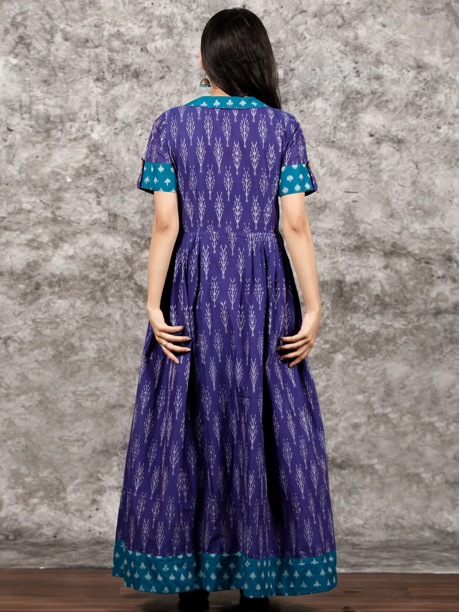 Purple Teal Blue Ivory Handloom Mercerised Ikat Long Cotton Dress With Collar - D281F1419