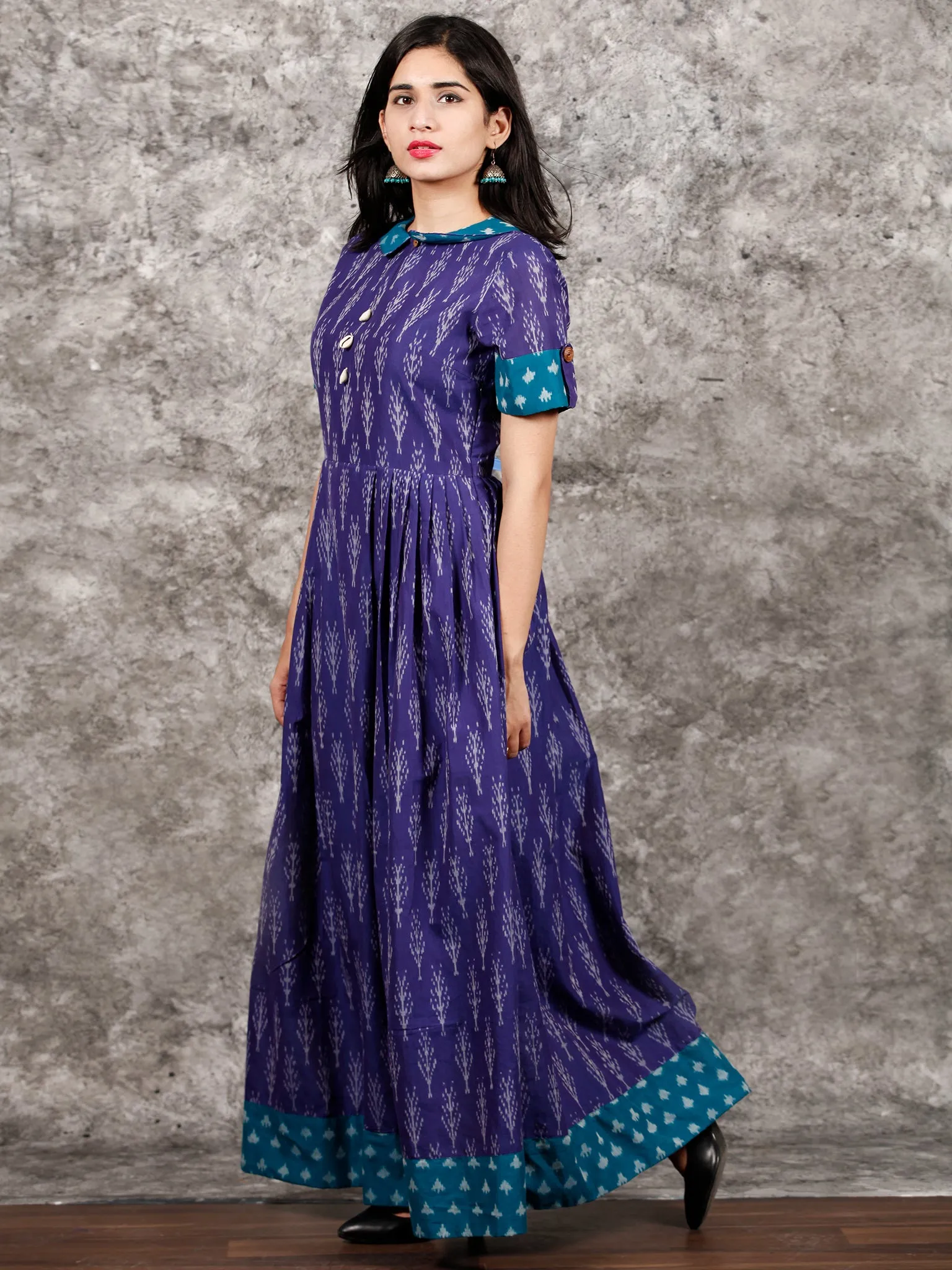 Purple Teal Blue Ivory Handloom Mercerised Ikat Long Cotton Dress With Collar - D281F1419