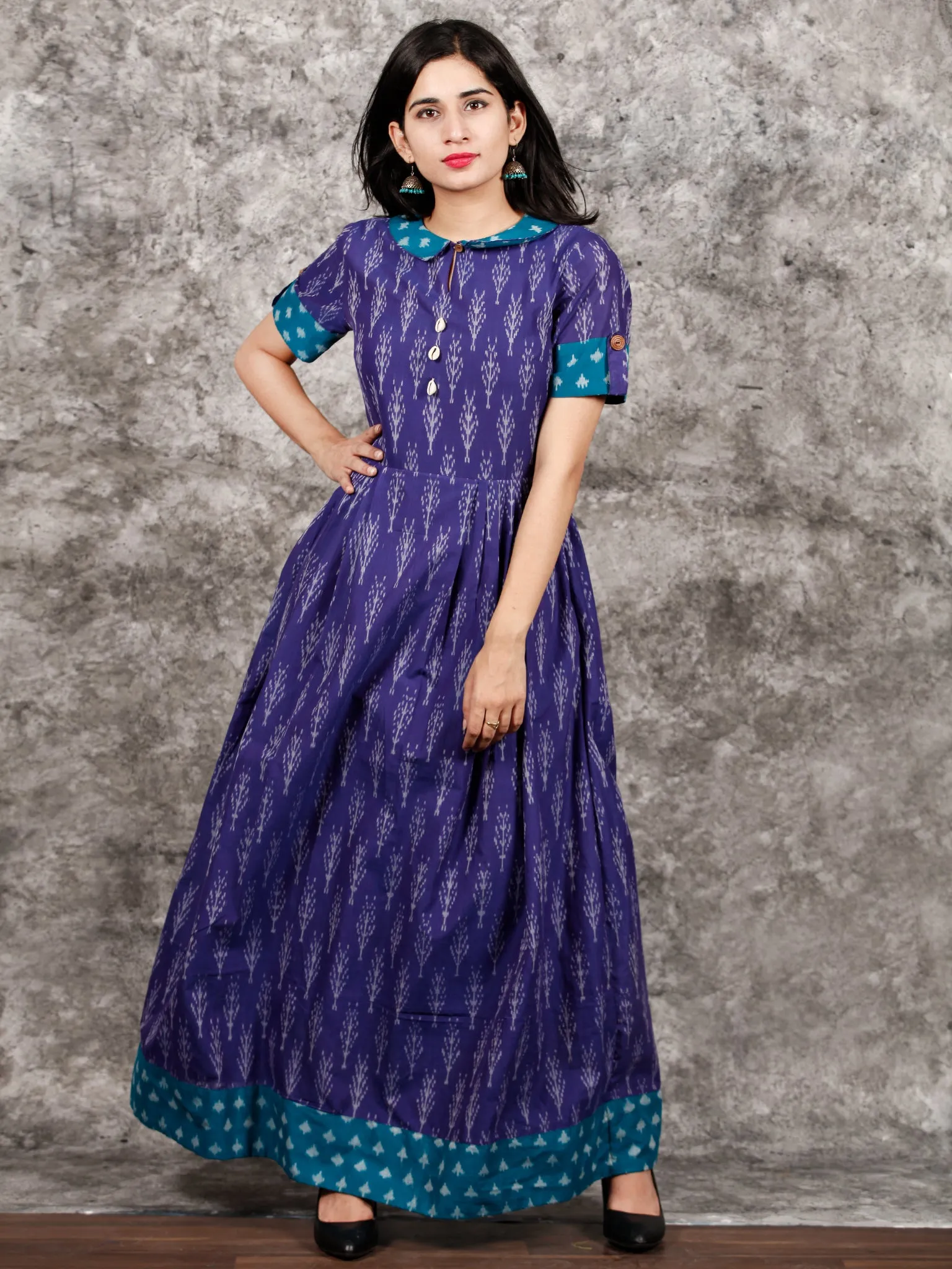 Purple Teal Blue Ivory Handloom Mercerised Ikat Long Cotton Dress With Collar - D281F1419