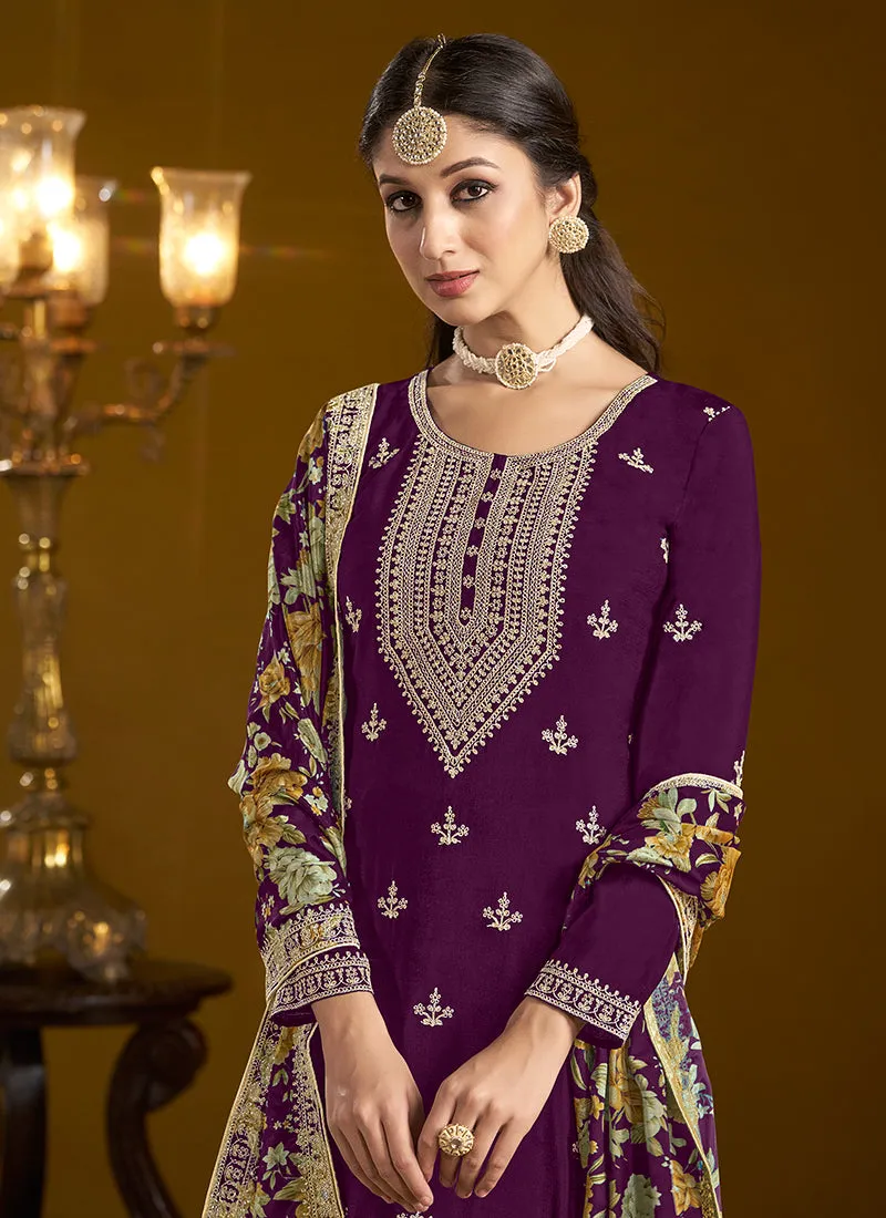 Purple Traditional Embroidery Gharara Style Suit