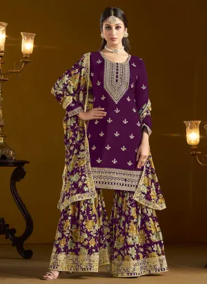 Purple Traditional Embroidery Gharara Style Suit