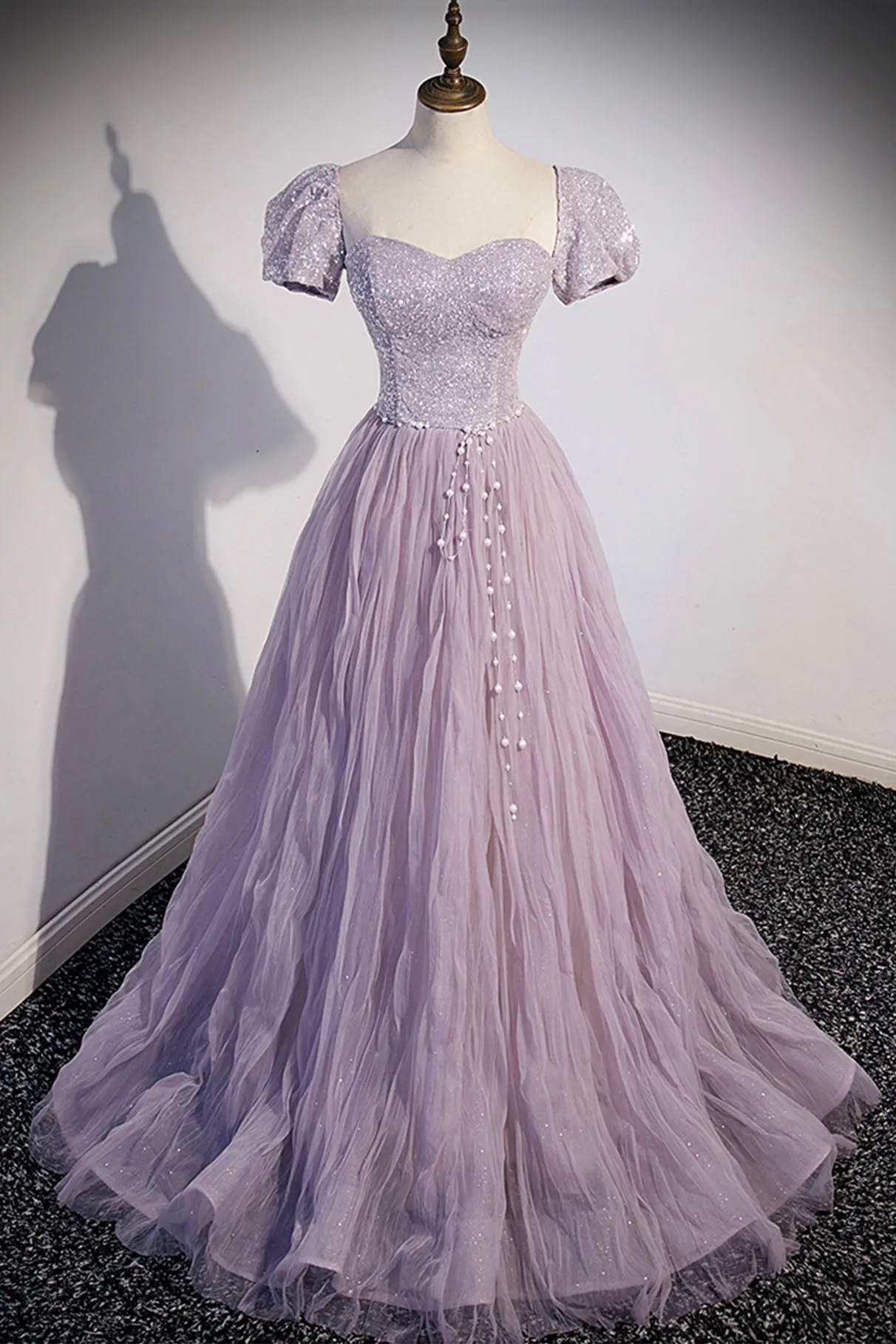 Purple Tulle Sequins Floor Length Prom Dress A-Line Evening Party Dress