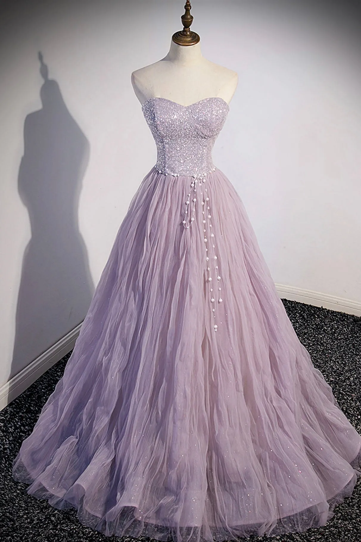 Purple Tulle Sequins Floor Length Prom Dress A-Line Evening Party Dress