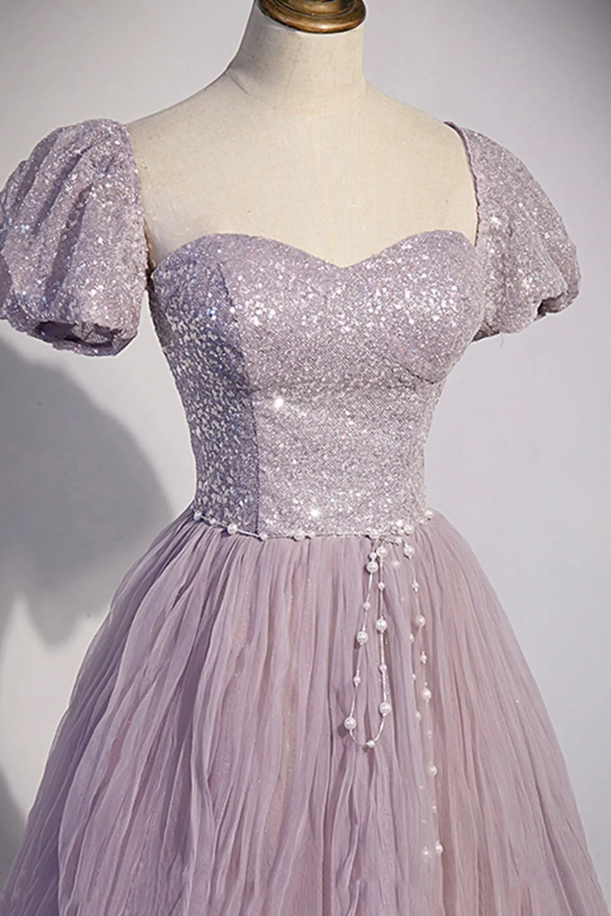 Purple Tulle Sequins Floor Length Prom Dress A-Line Evening Party Dress