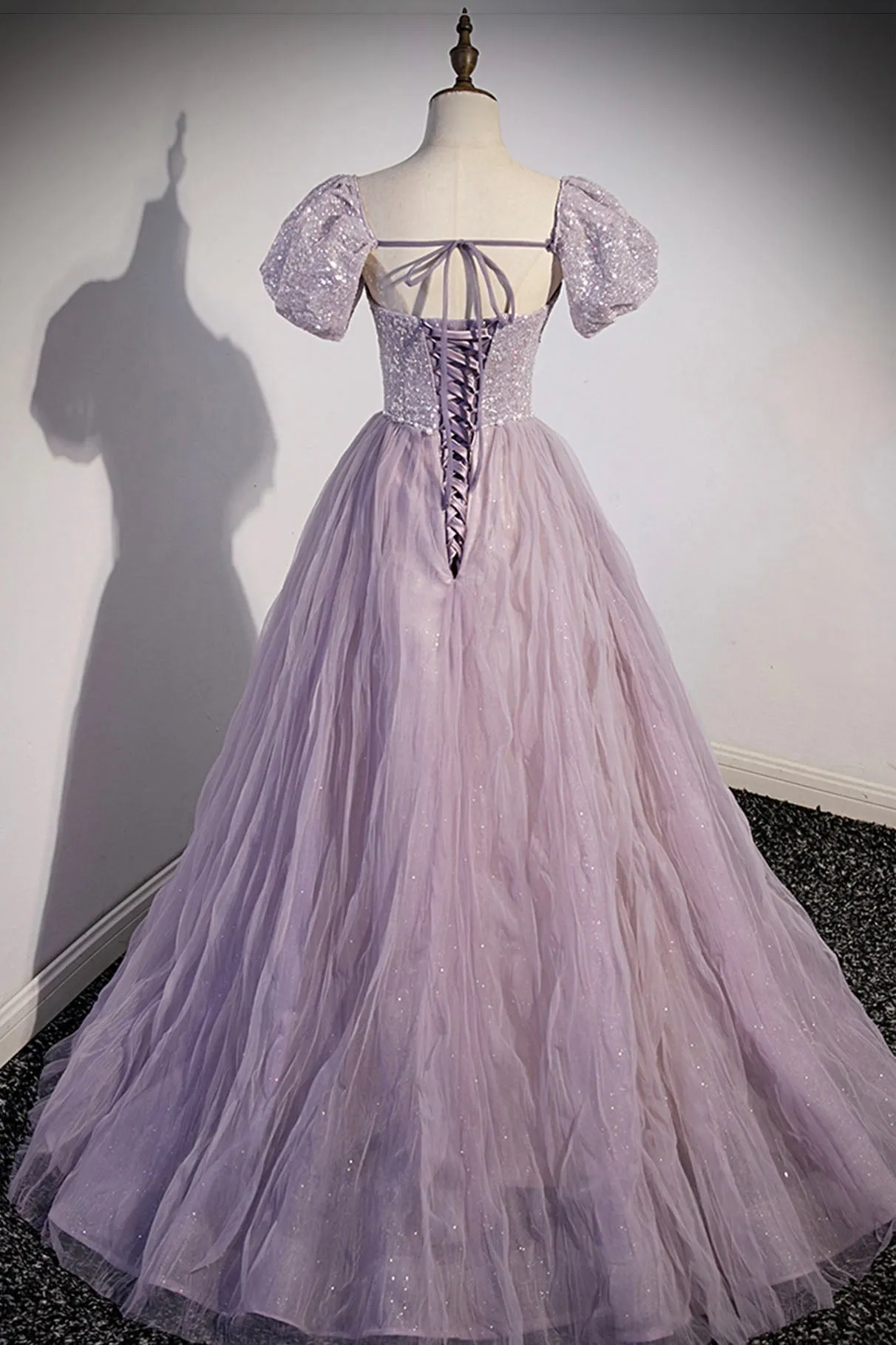 Purple Tulle Sequins Floor Length Prom Dress A-Line Evening Party Dress