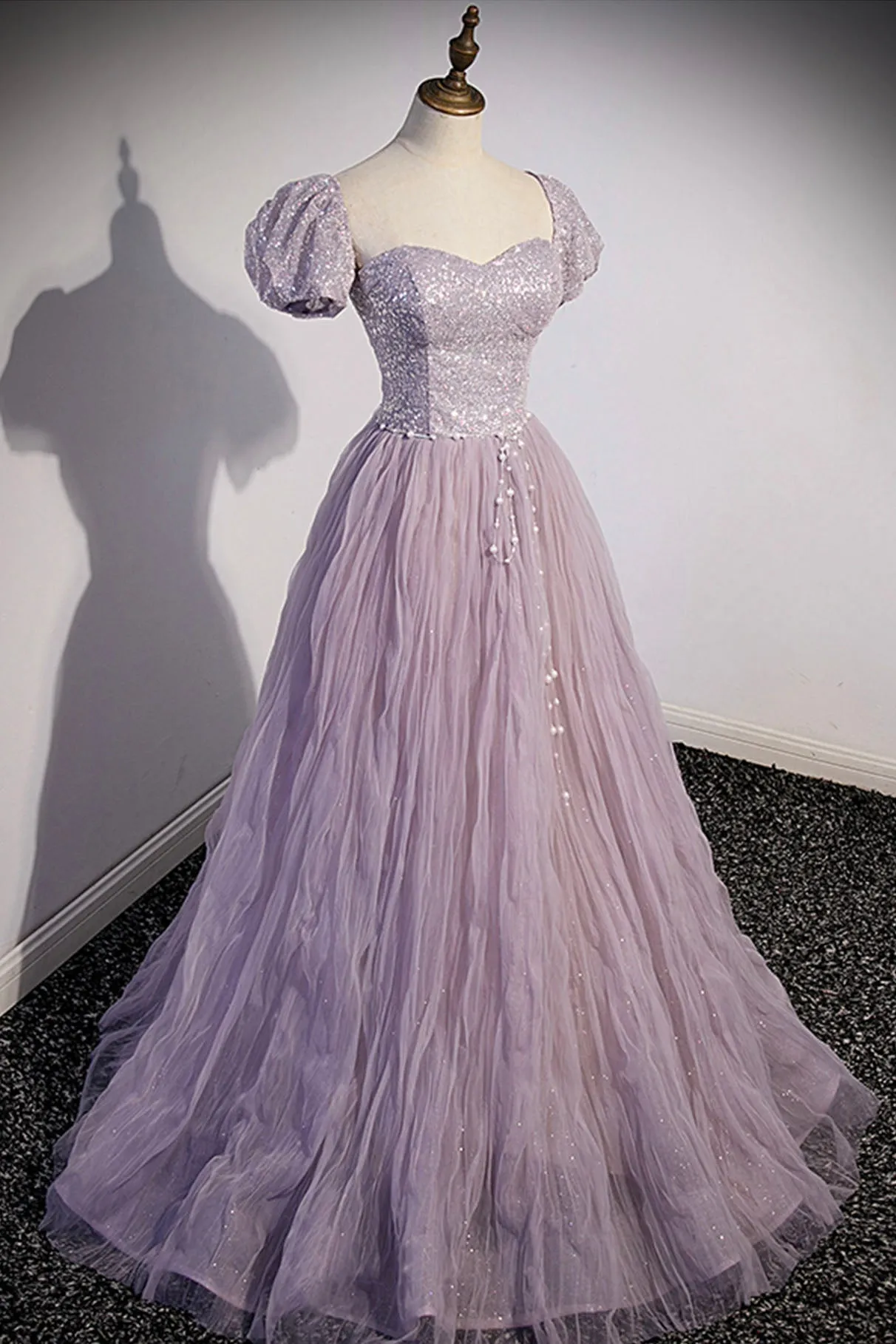 Purple Tulle Sequins Floor Length Prom Dress A-Line Evening Party Dress