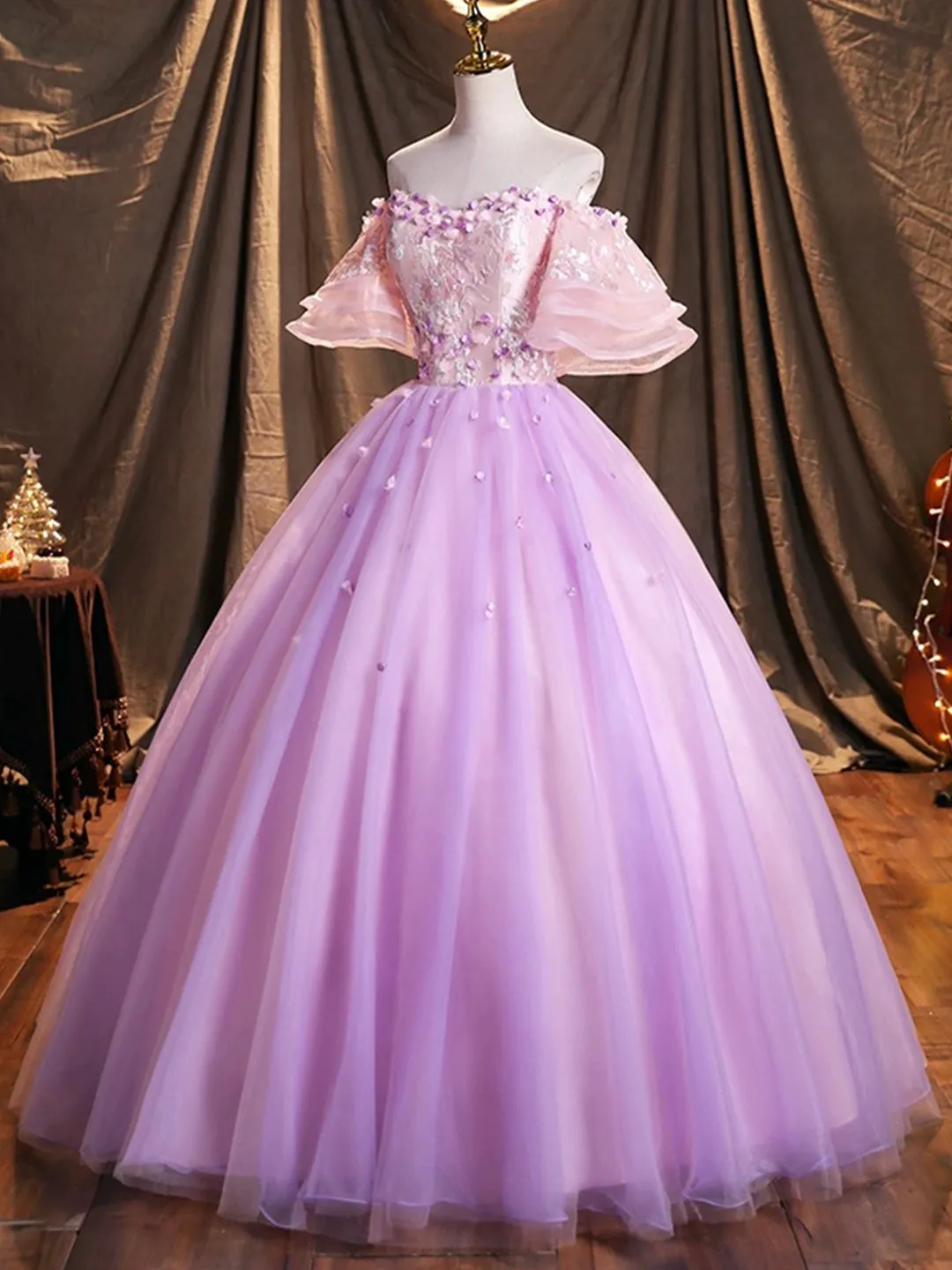 Purple Tulle Sequins Long Prom Dress A-Line Off the Shoulder Evening Party Dress