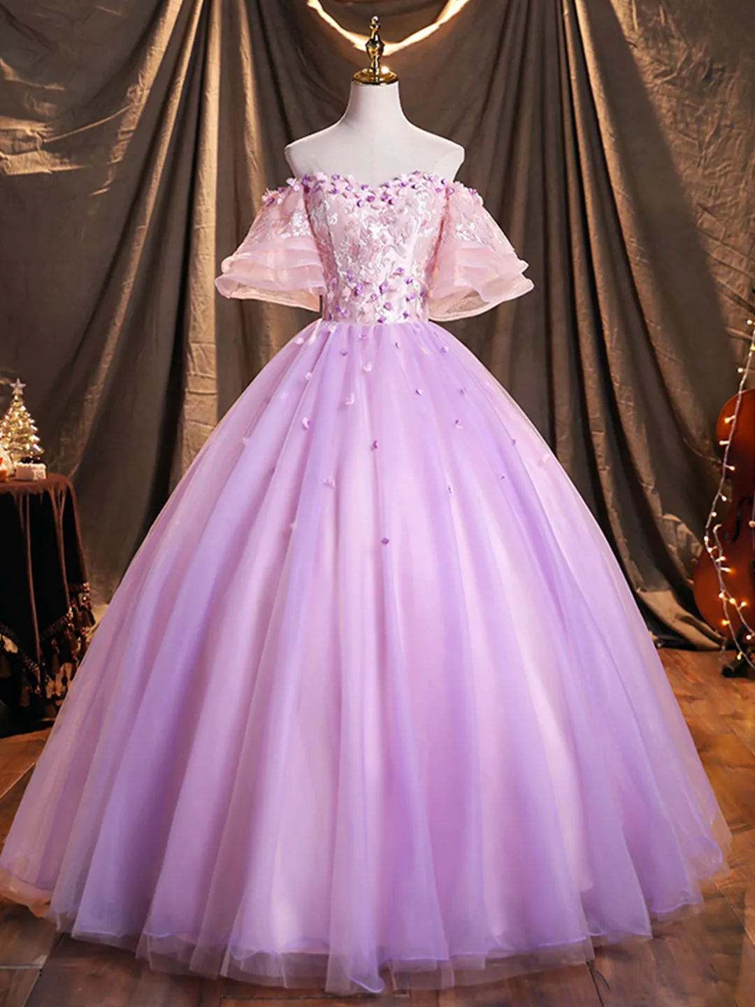 Purple Tulle Sequins Long Prom Dress A-Line Off the Shoulder Evening Party Dress