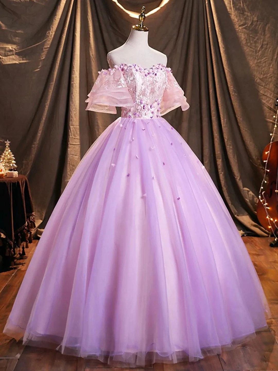 Purple Tulle Sequins Long Prom Dress A-Line Off the Shoulder Evening Party Dress