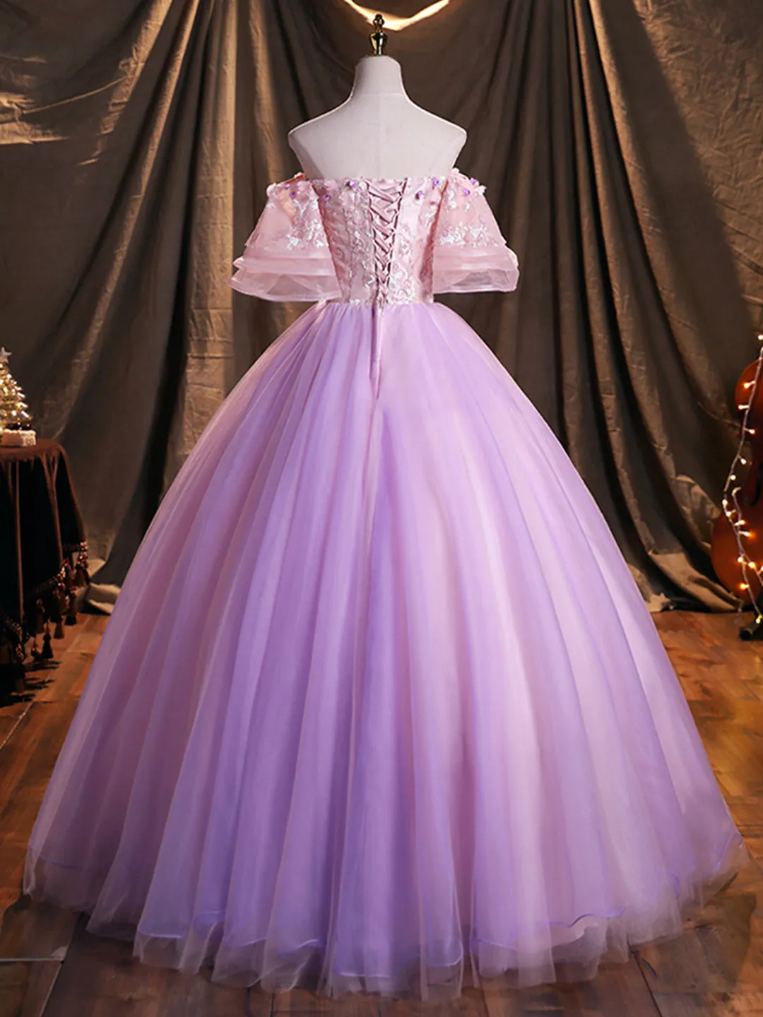 Purple Tulle Sequins Long Prom Dress A-Line Off the Shoulder Evening Party Dress