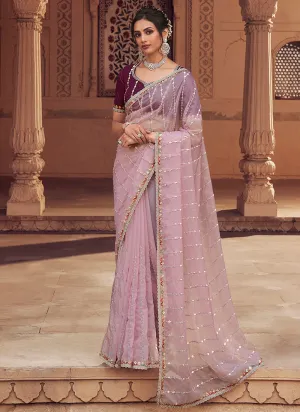 Purple Two Tone Traditional Embroidery Organza Silk Saree