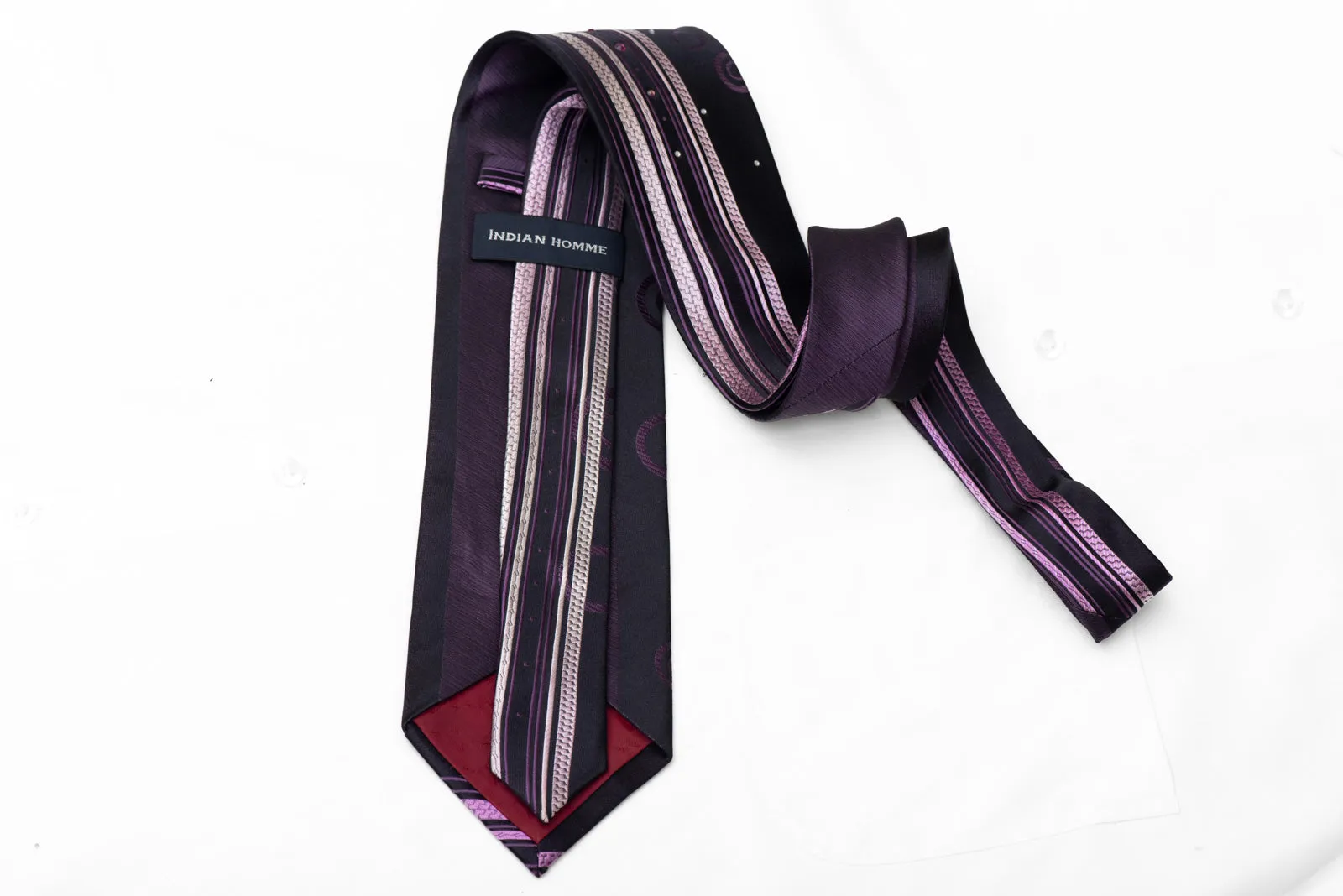 Purple Vertical Striped Geometric On Navy Rhinestone Silk Necktie