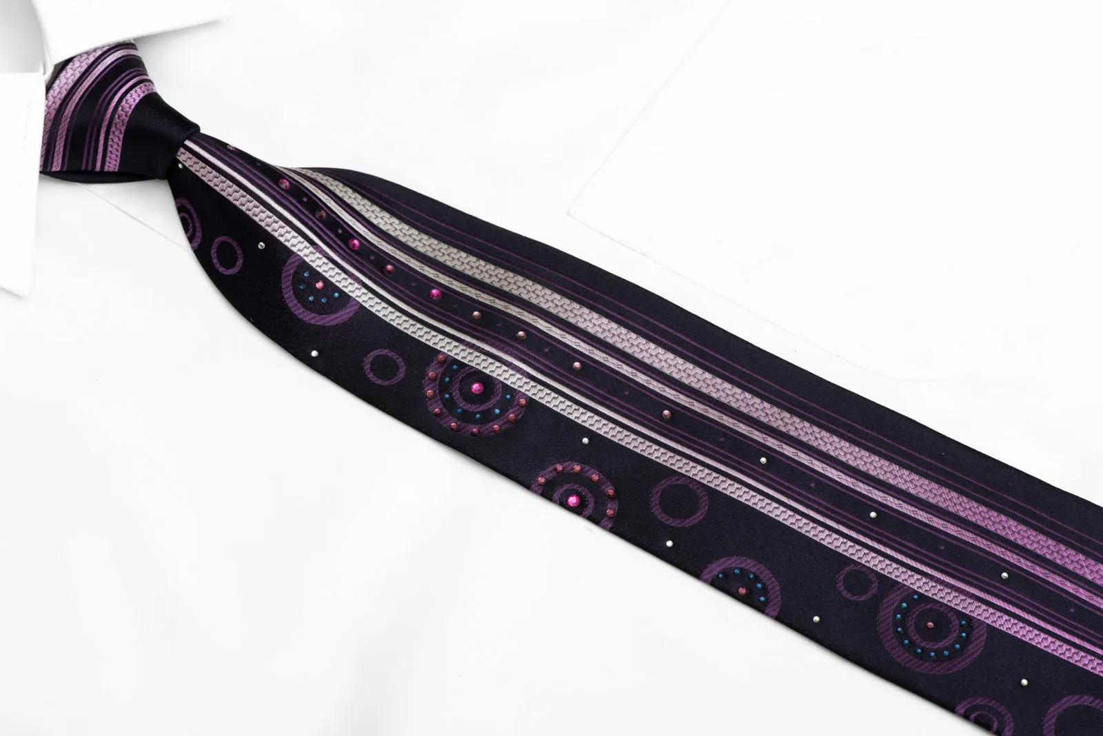 Purple Vertical Striped Geometric On Navy Rhinestone Silk Necktie