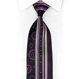 Purple Vertical Striped Geometric On Navy Rhinestone Silk Necktie