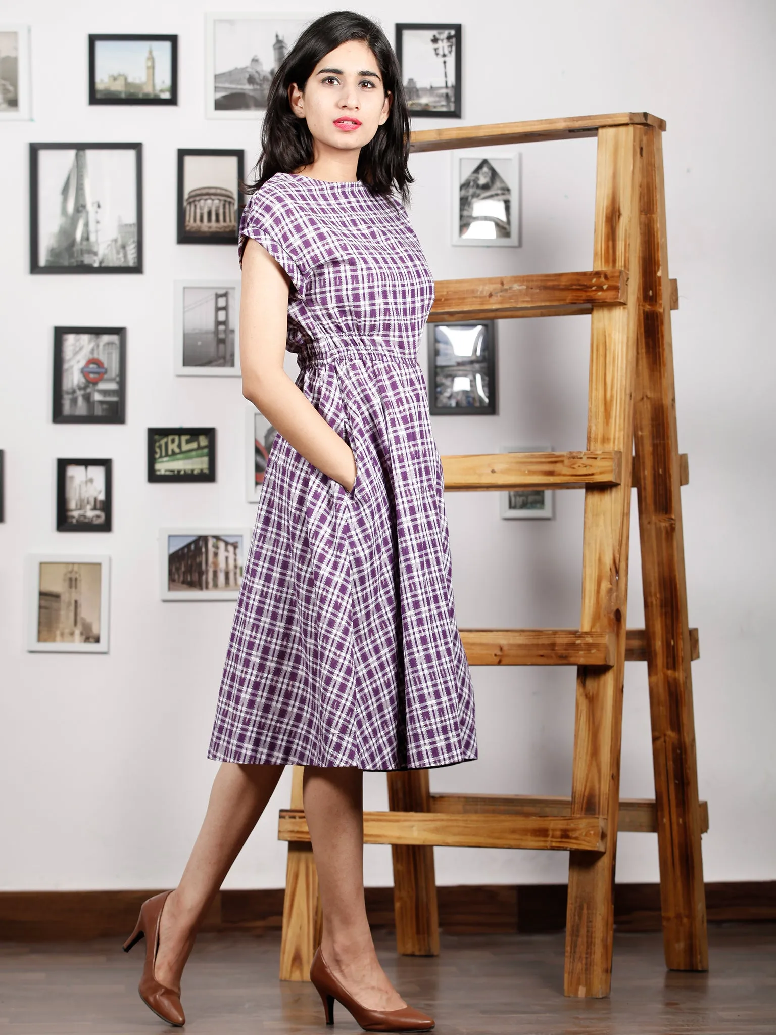 Purple White Hand Woven Ikat Cotton Middi Dress With Elastic Waist  - D271F1261