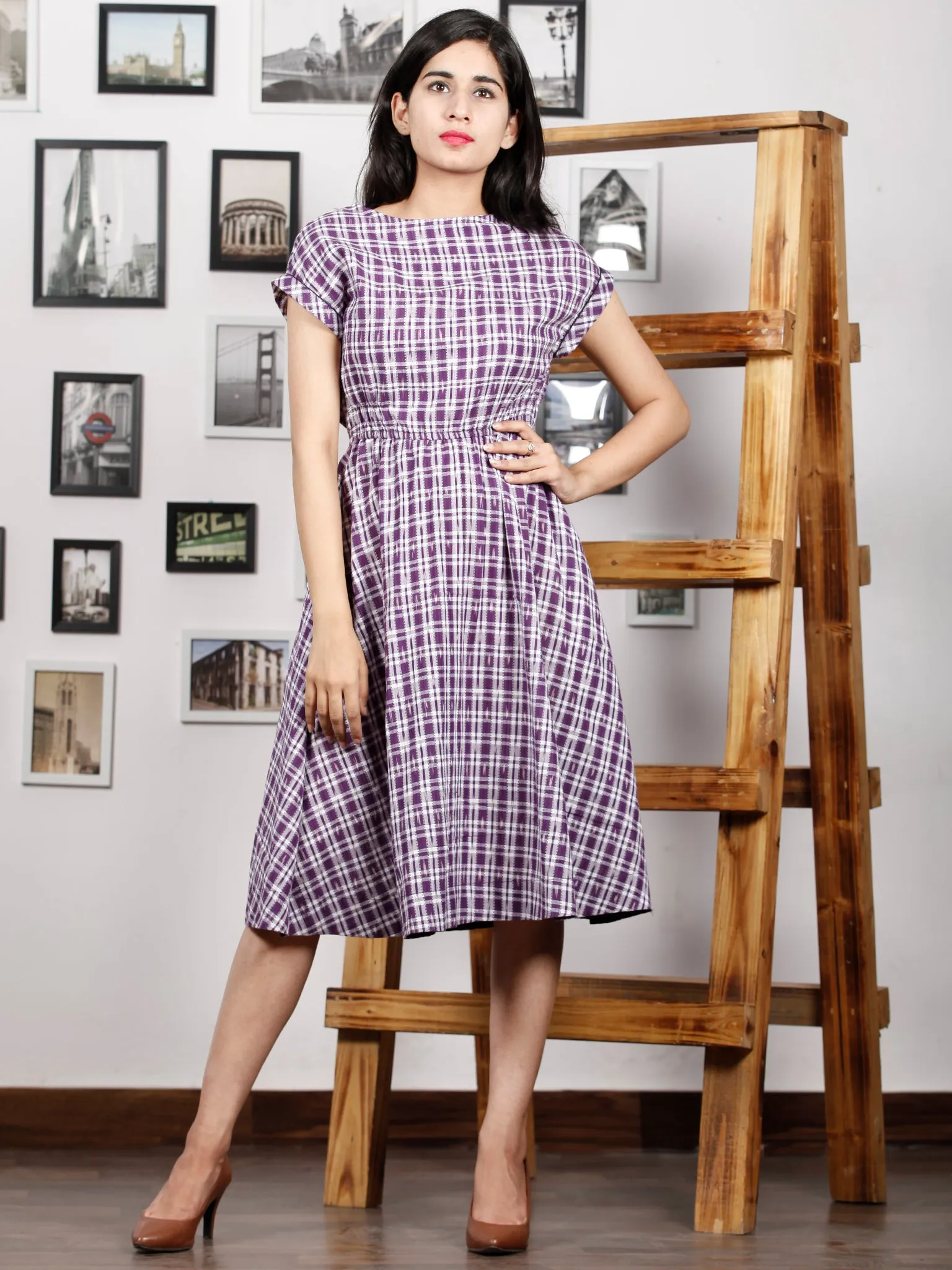 Purple White Hand Woven Ikat Cotton Middi Dress With Elastic Waist  - D271F1261