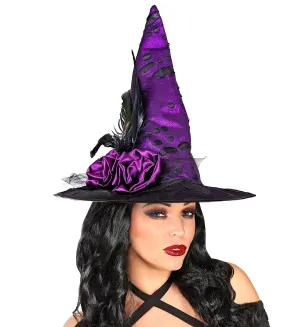 Purple Witch Hat With Feathers and Flowers