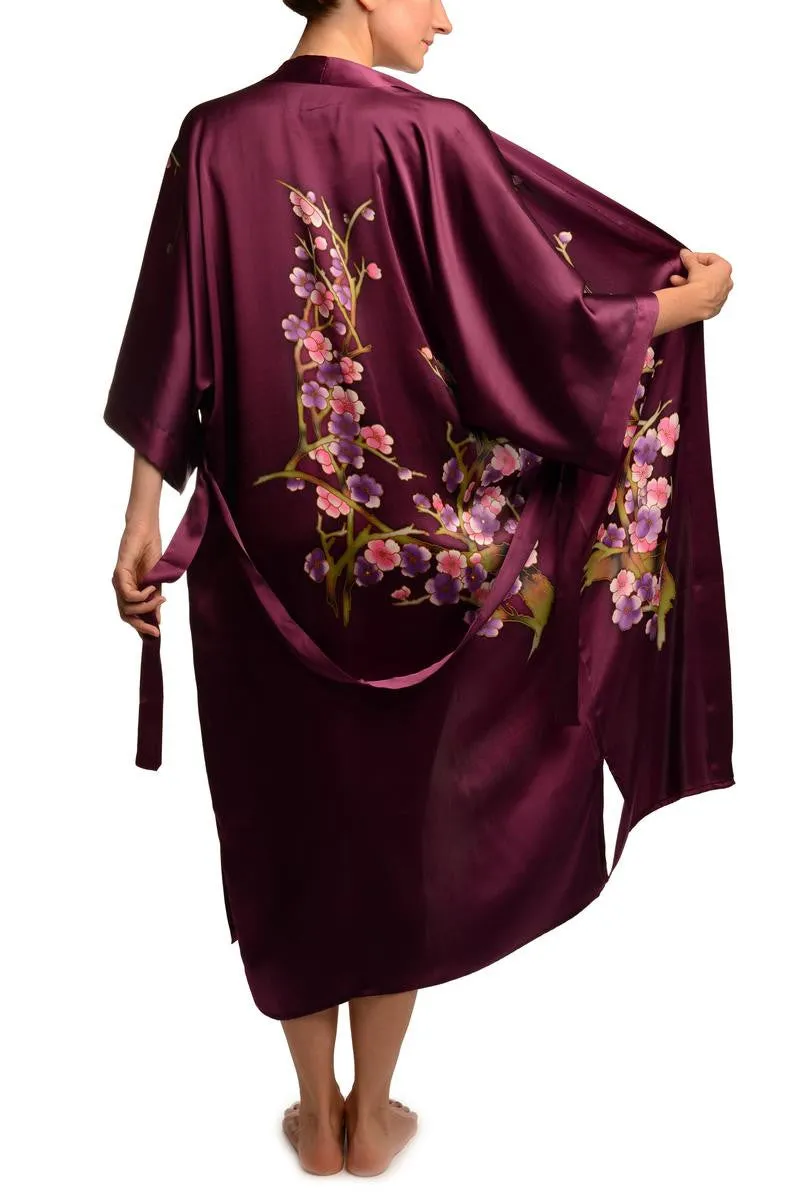 Purple With Sakura Bloom Luxurious Silk Dressing Gown (Robe)