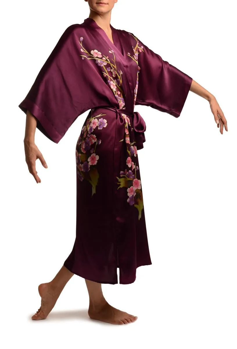 Purple With Sakura Bloom Luxurious Silk Dressing Gown (Robe)