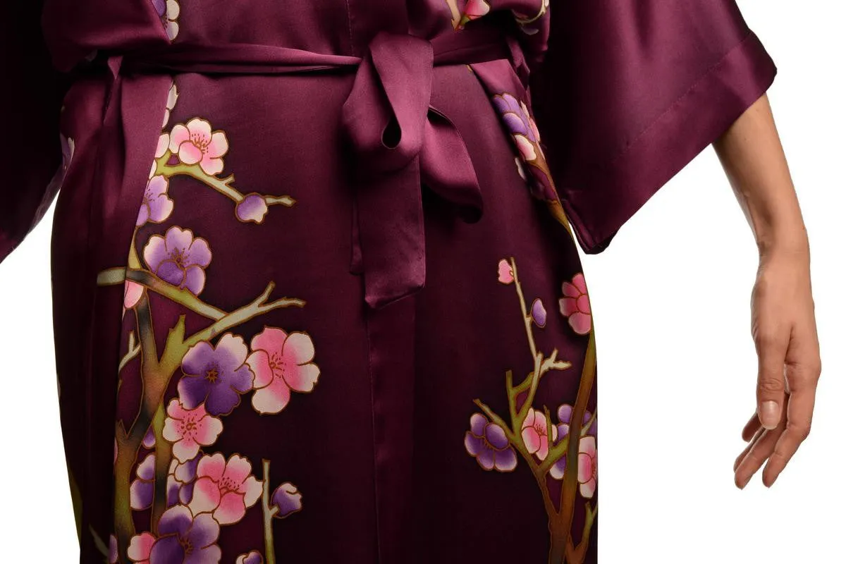 Purple With Sakura Bloom Luxurious Silk Dressing Gown (Robe)