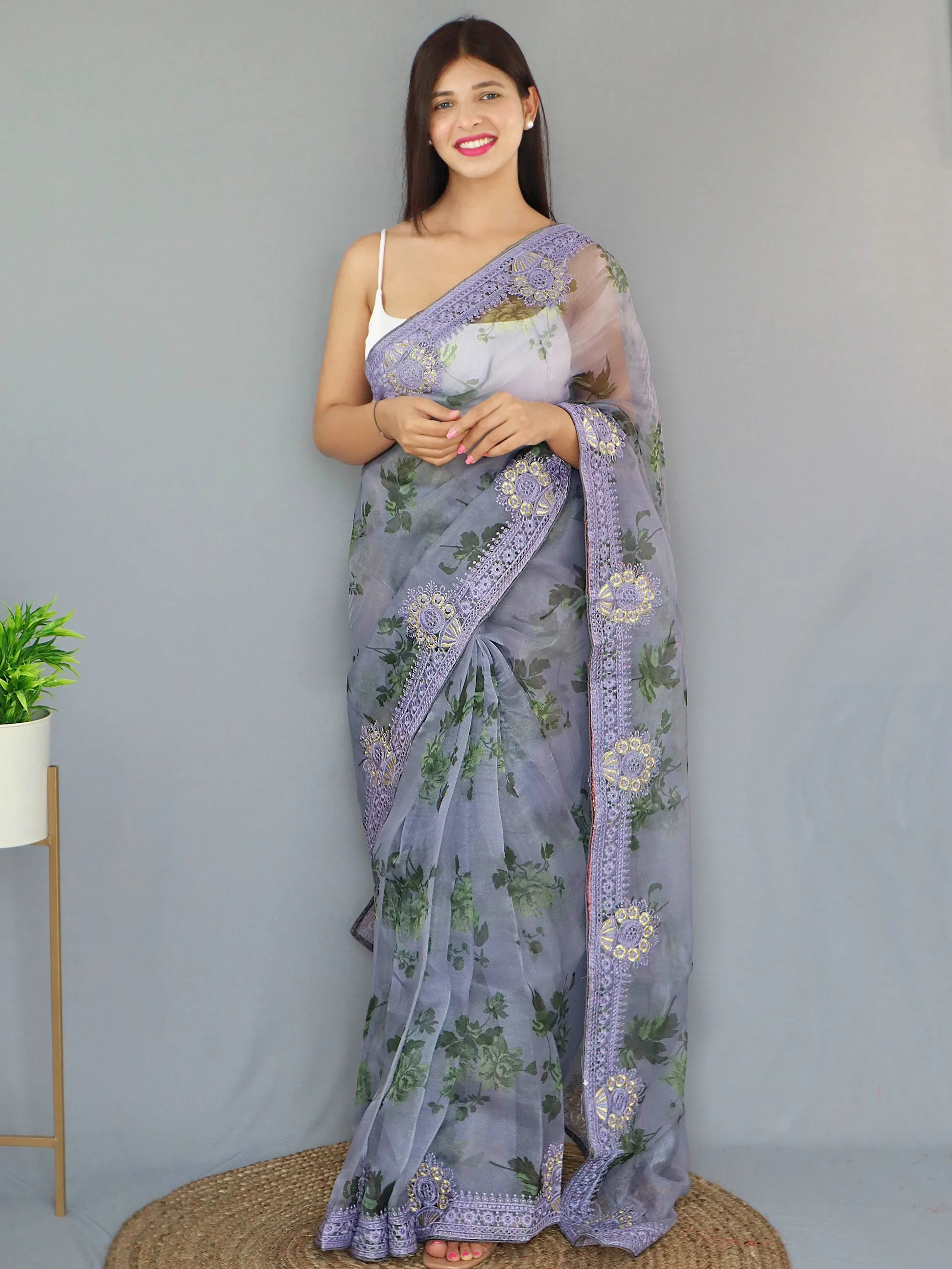 Purplish Grey Saree in Organza Digital Floral Printed with Embroidered Work