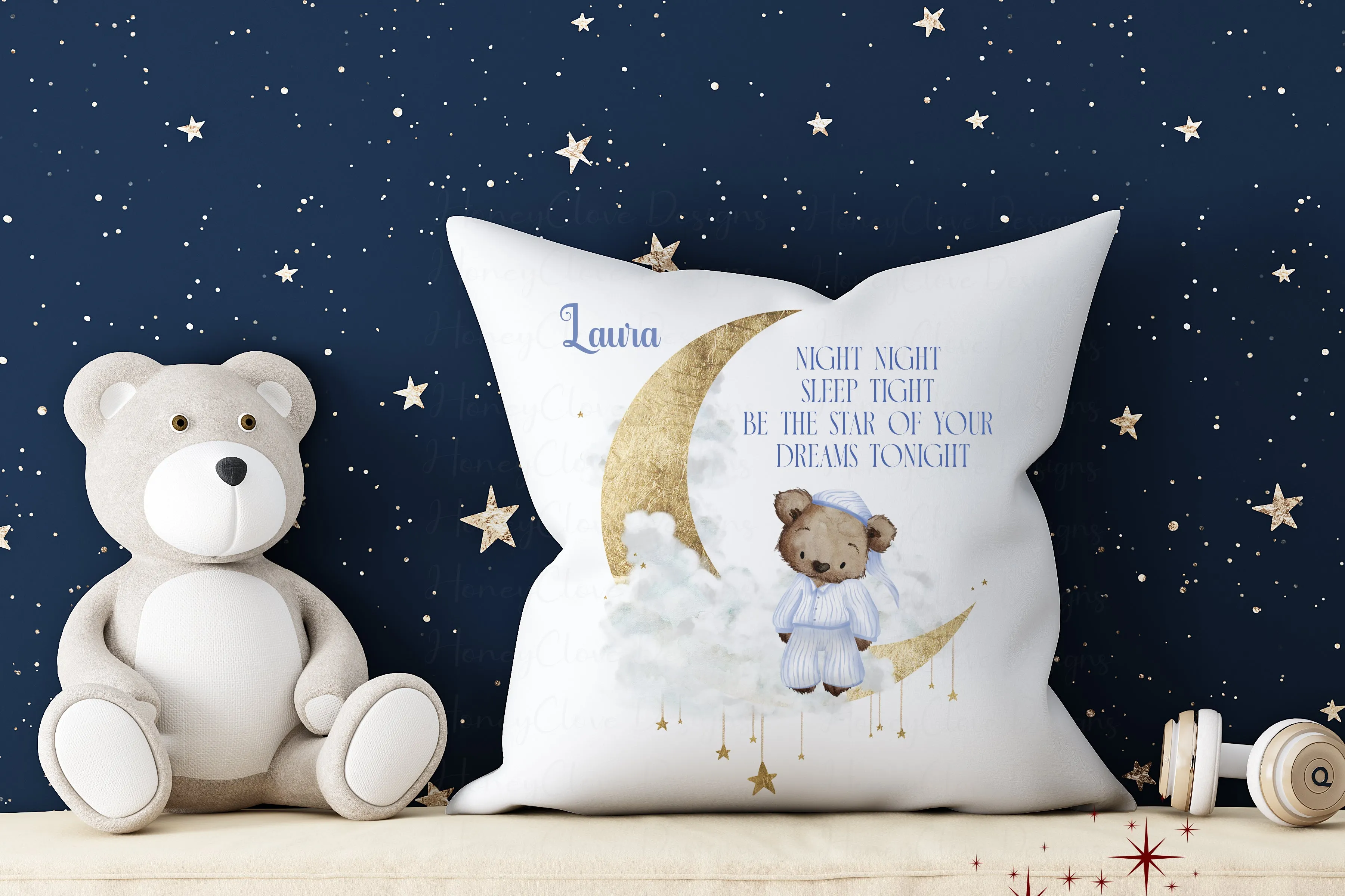 Pyjama Bear - Moon & Stars Cushion (5 Colours)