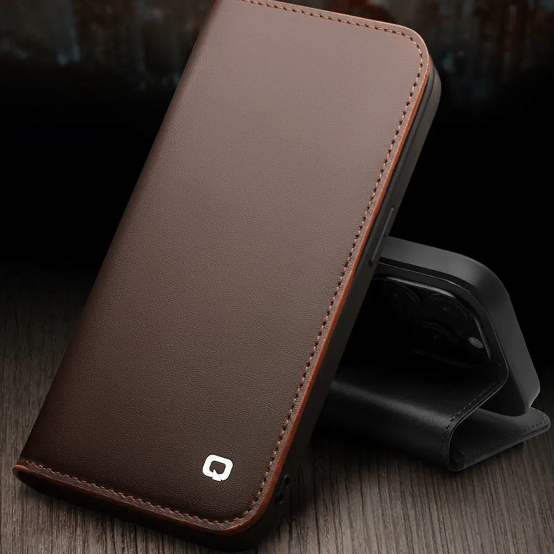 QIALINO Leather Flip Cover for iPhone 14 Pro - Brown