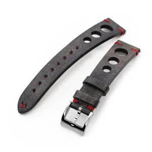 Q.R. 20mm Blackish Brown Leather Italian Handmade Racer Watch Band, Red Stitch.