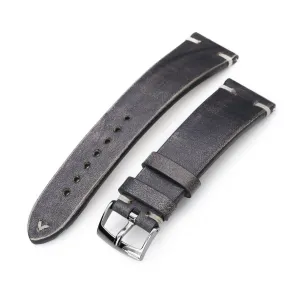 Q.R. 22mm Vintage Black Italian Handmade Leather Watch Strap, Khaki Stitching