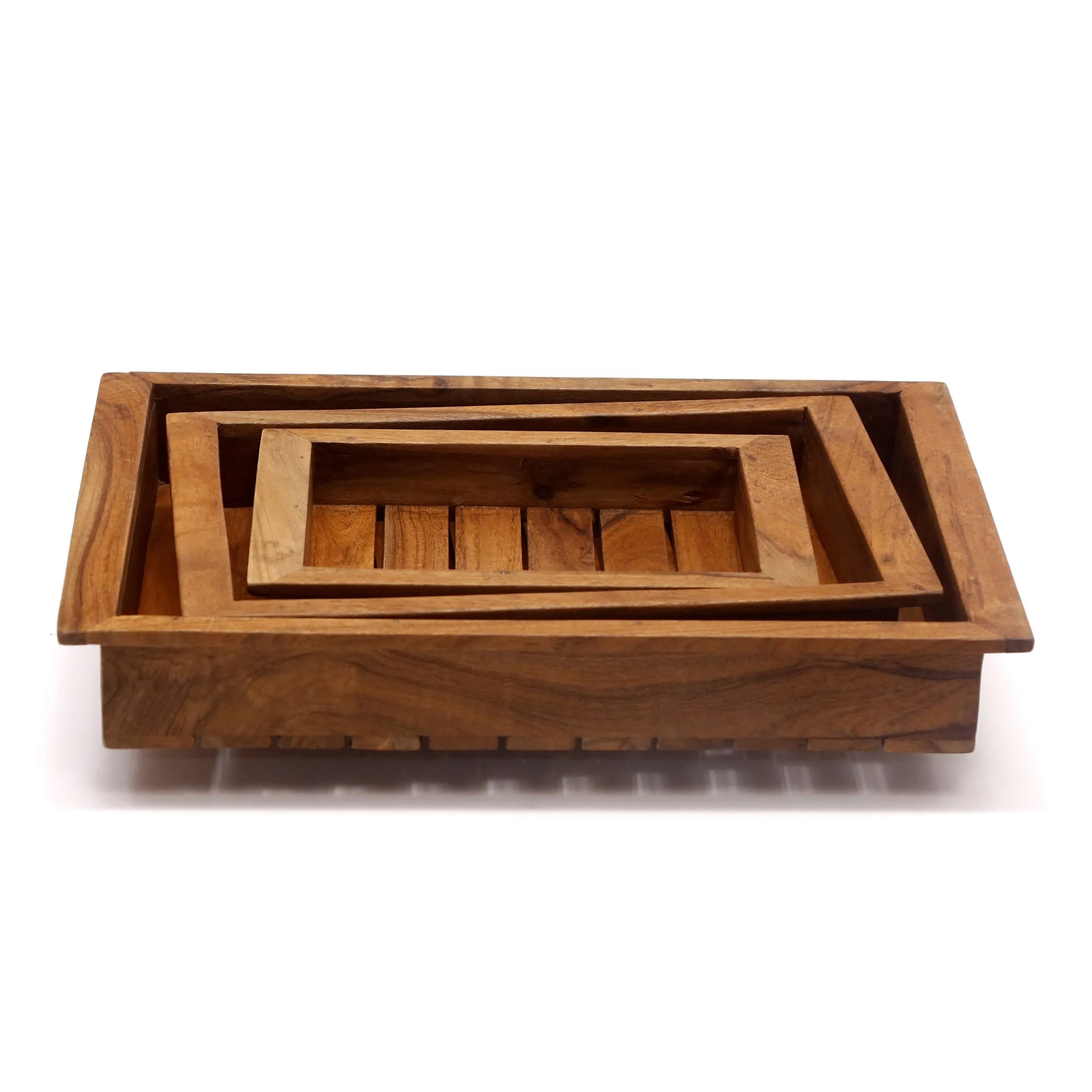 Quaint Wooden Stripe Tray Set - Set of 3