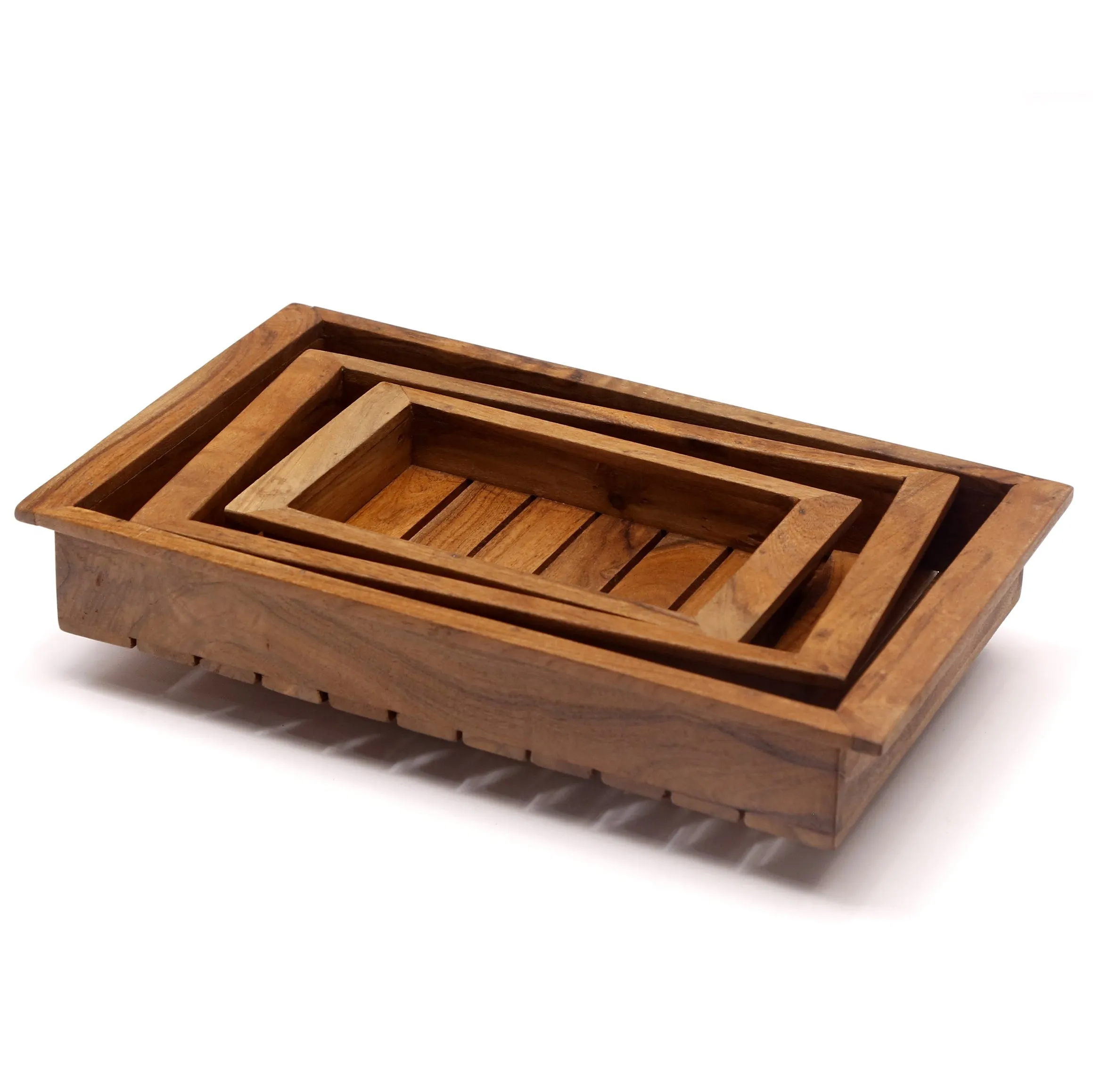 Quaint Wooden Stripe Tray Set - Set of 3