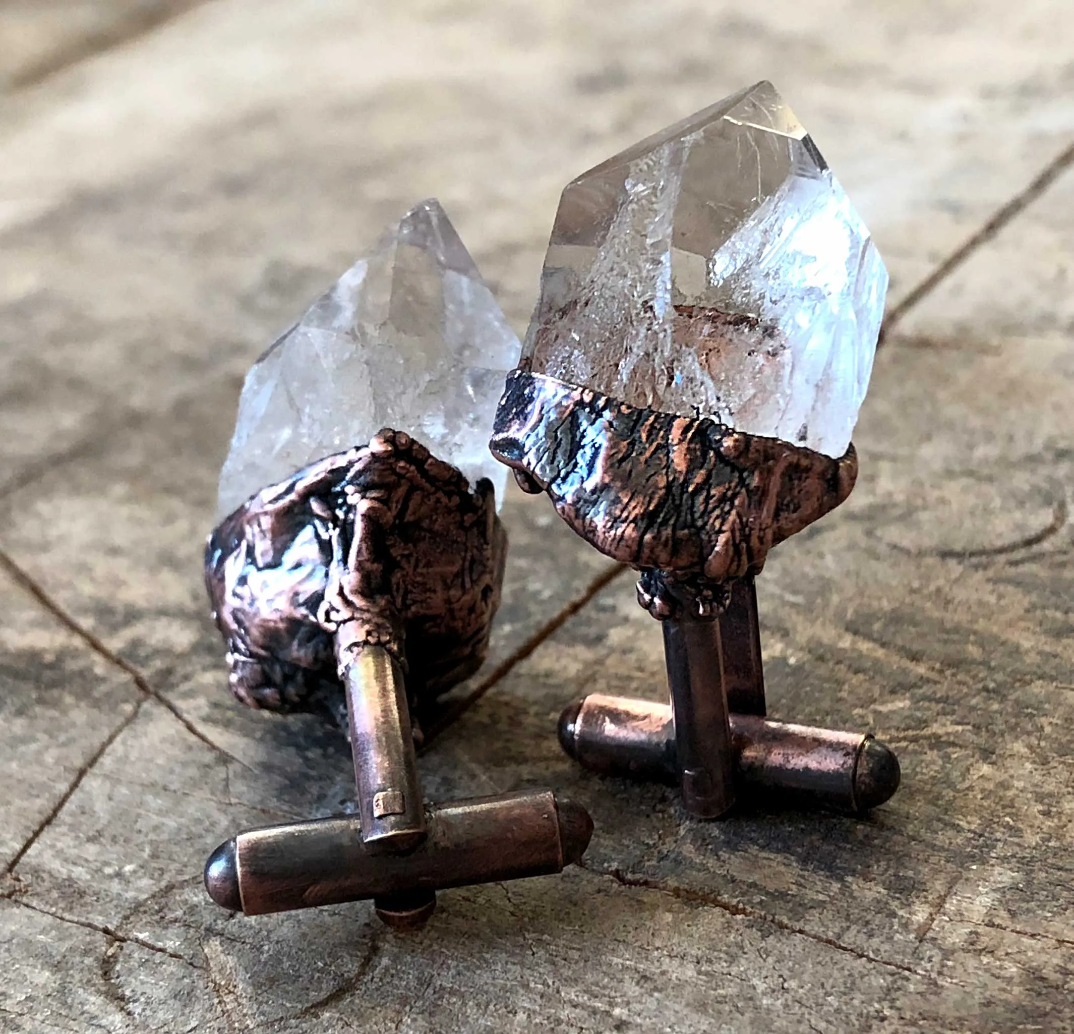 Quartz Cufflinks, electroformed copper & raw stone crystal cuff links