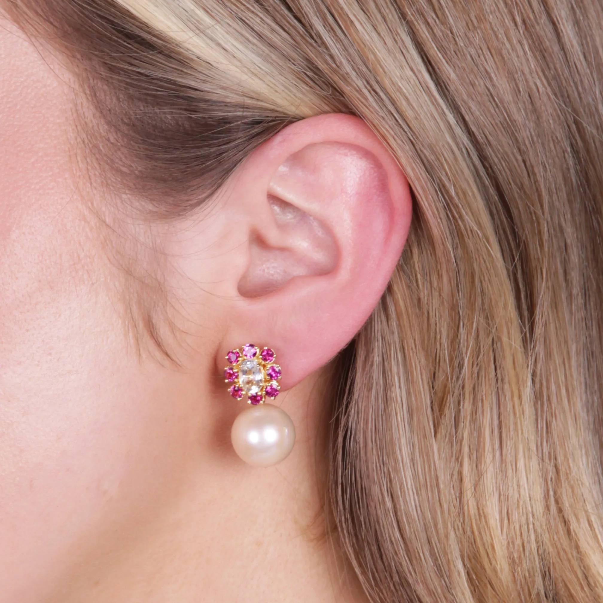 Quartz Rhodolite and Pearl Earrings