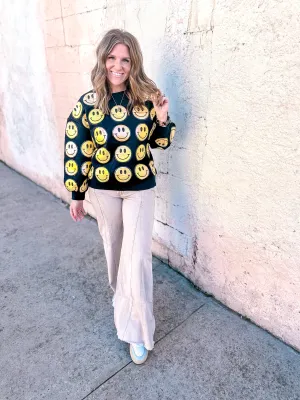 Queen of Sparkles: Black and Yellow Scattered Smiley Face Sweater