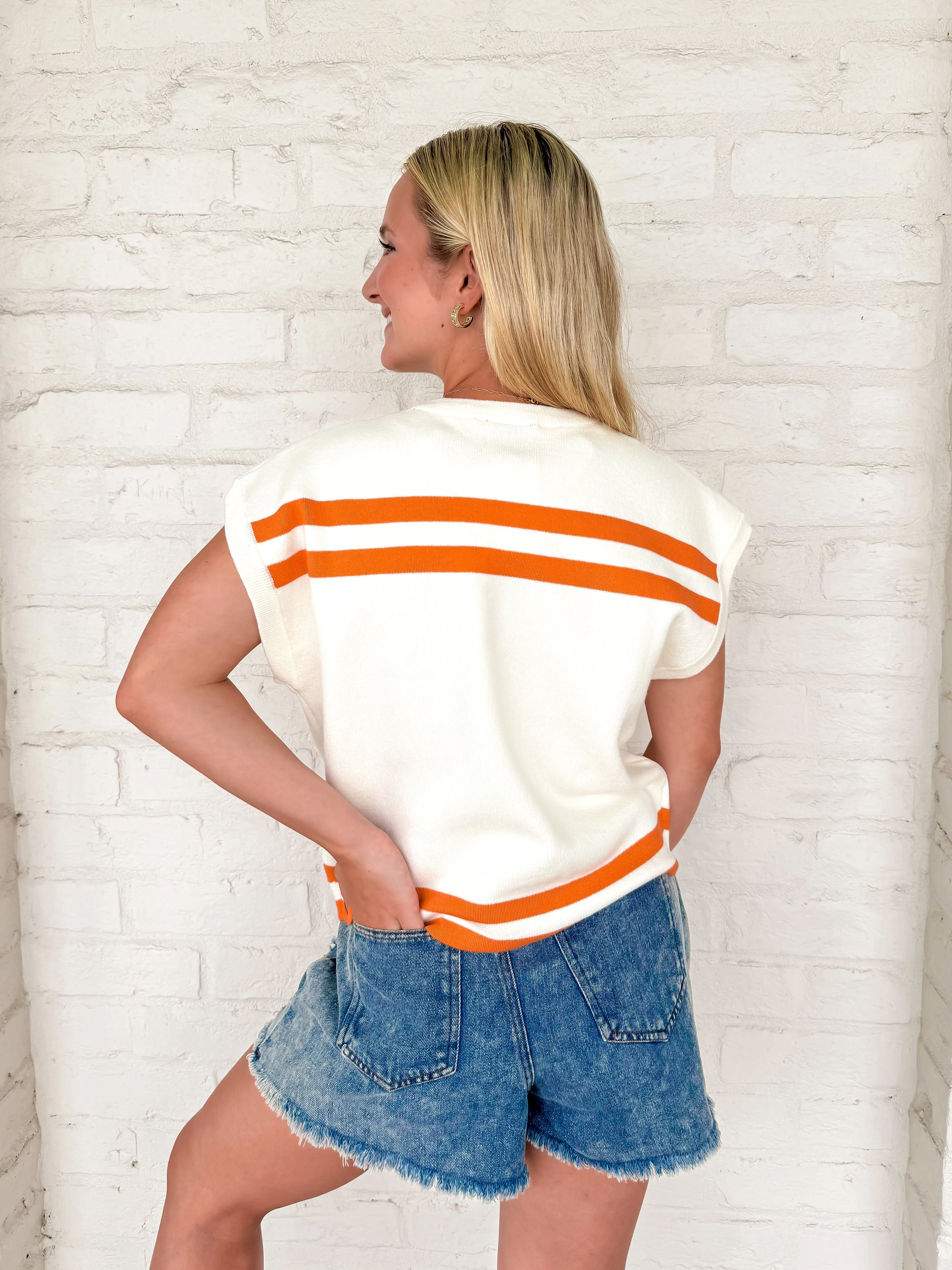 Queen Of Sparkles Orange & White Tennessee Striped Short Sleeve Top