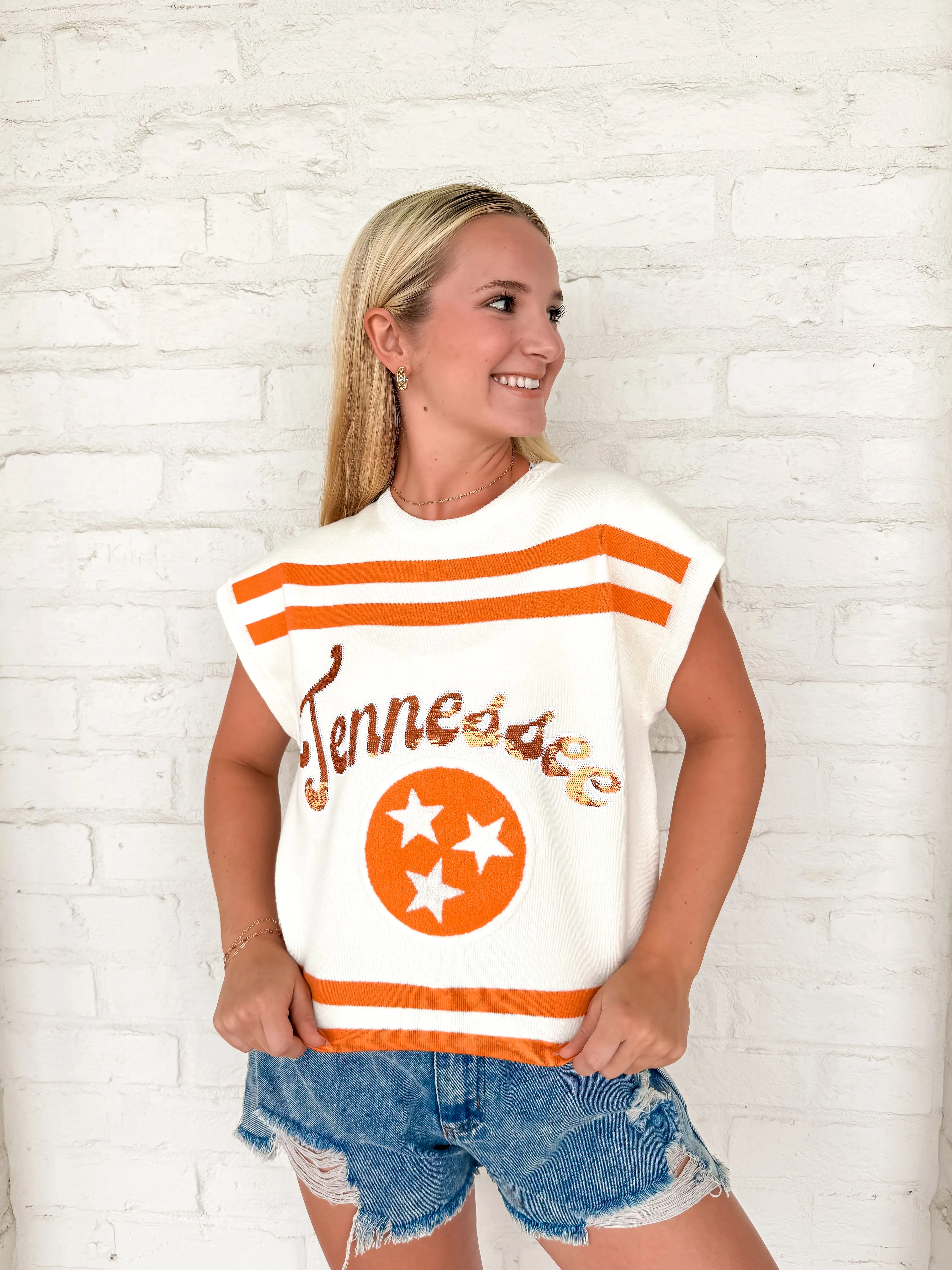 Queen Of Sparkles Orange & White Tennessee Striped Short Sleeve Top