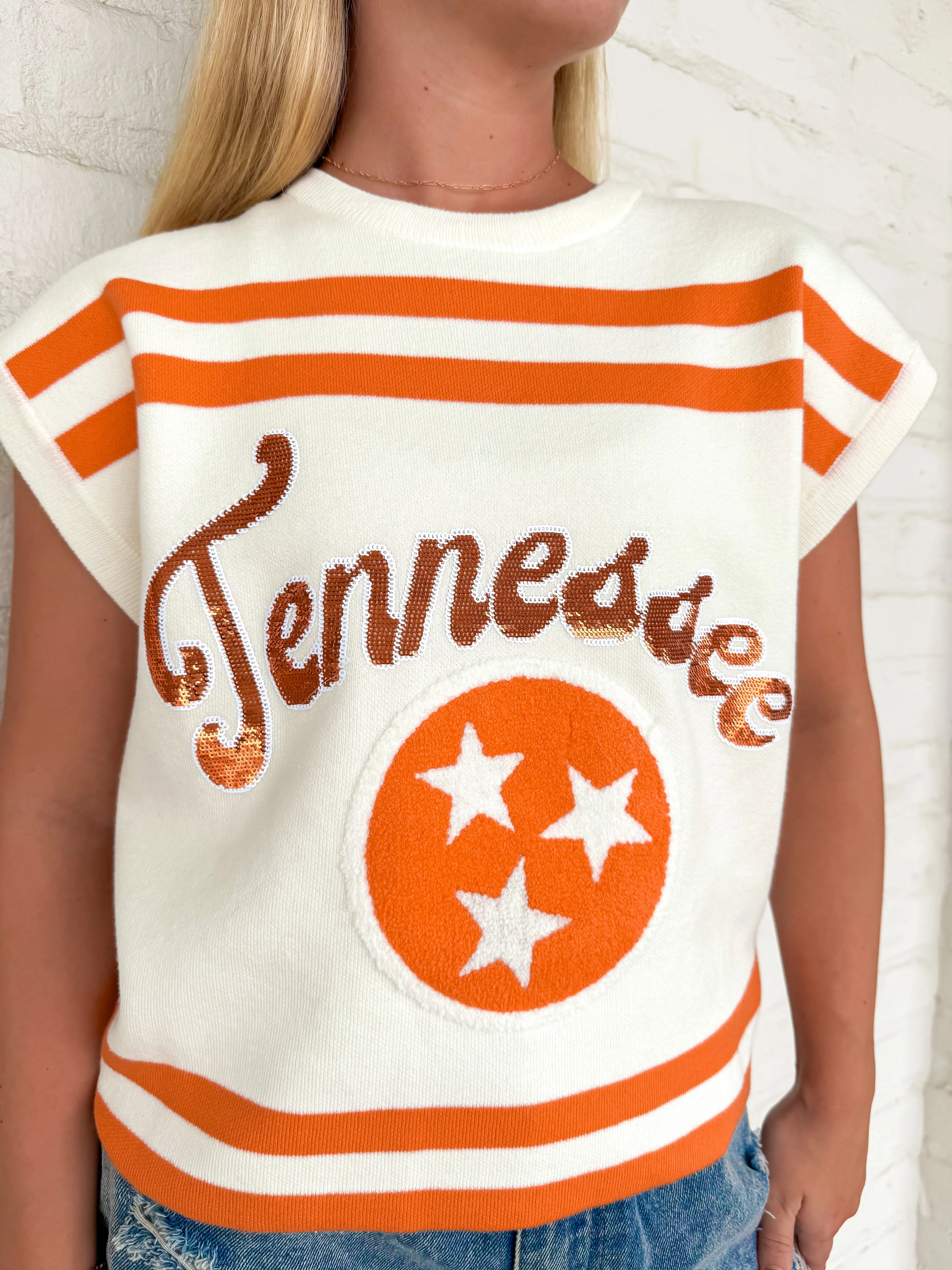 Queen Of Sparkles Orange & White Tennessee Striped Short Sleeve Top