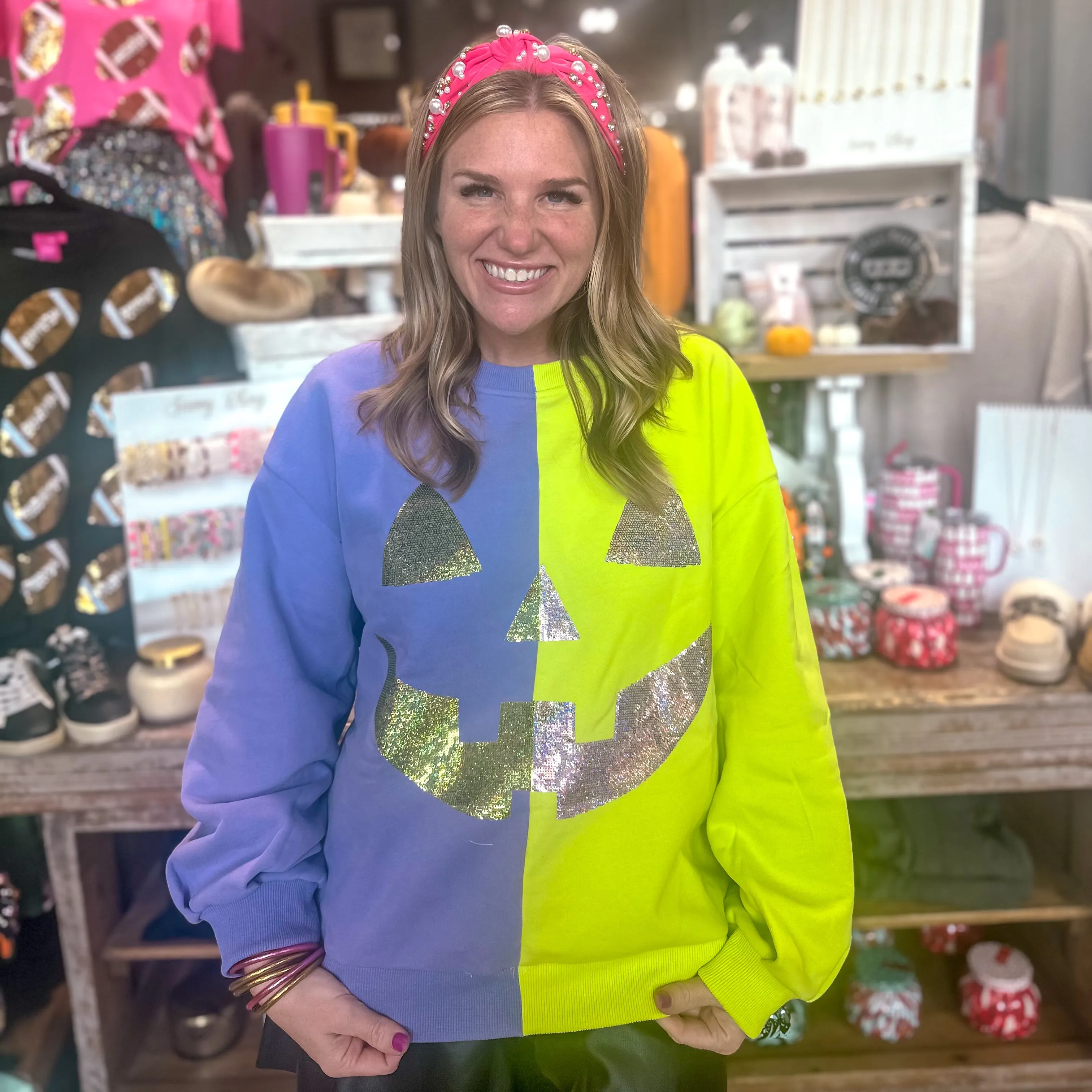 Queen Of Sparkles: Purple & Neon Green Split Pumpkin Face Sweatshirt