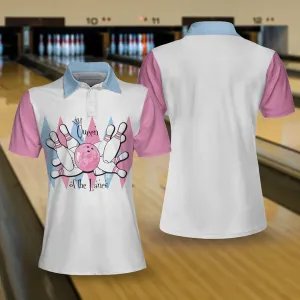 Queen Of The Lanes Pink And Blue Bowling Short Sleeve Women Polo Shirt, Bowling Shirt For Ladies Coolspod