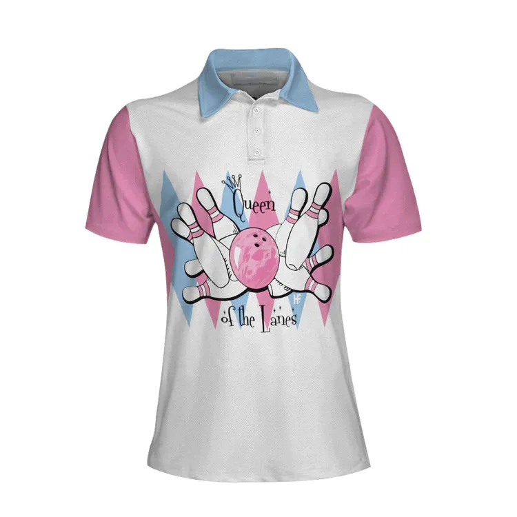 Queen Of The Lanes Pink And Blue Bowling Short Sleeve Women Polo Shirt, Bowling Shirt For Ladies Coolspod