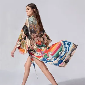 Quick Dry Polyester Japanese Kimono Print Beach Cover Up Holiday Cardigan Bikini Cover Up Sun Shirt